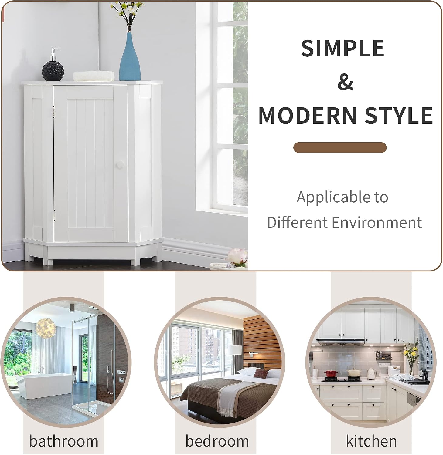 Home Corner Storage Cabinet, Bathroom Triangle Floor Cabinet, Wood Freestanding Corner Cabinet with Single Door and Shelves (White)