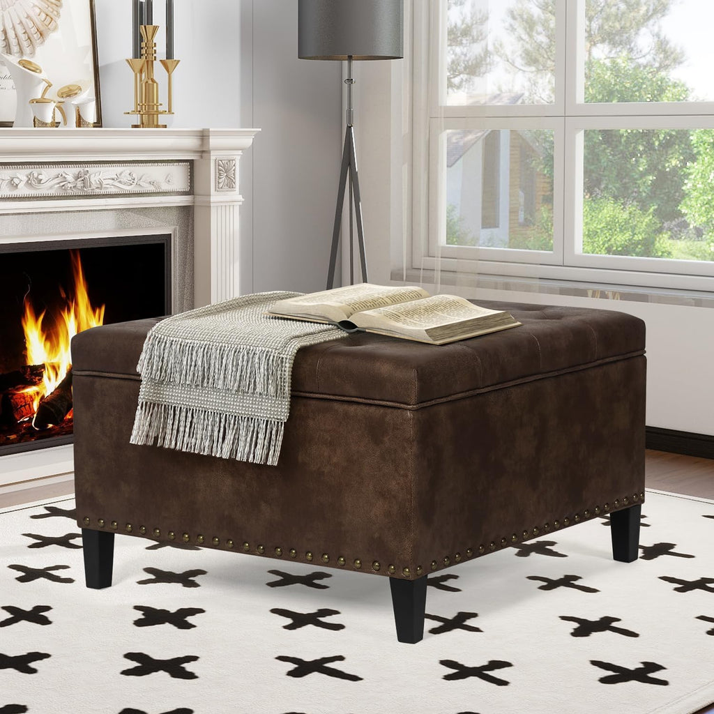 Joveco Storage Ottoman Square Upholstered Tufted Bench with Rivet, Footrest Coffee Table with Wood Legs for Living Room Bedroom Entryway (Coffee)