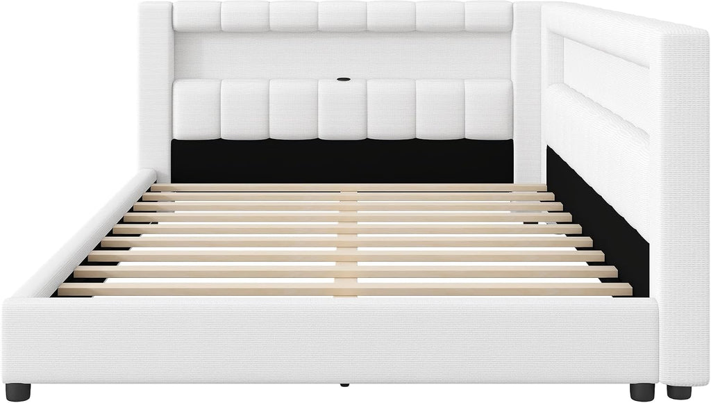 Upholstered Full XL Size Daybed with LED and USB Ports, L-Shaped Corner Day Bed with Storage Shelves Headboard,Space Saving for Girls Adults Kids Boys, White