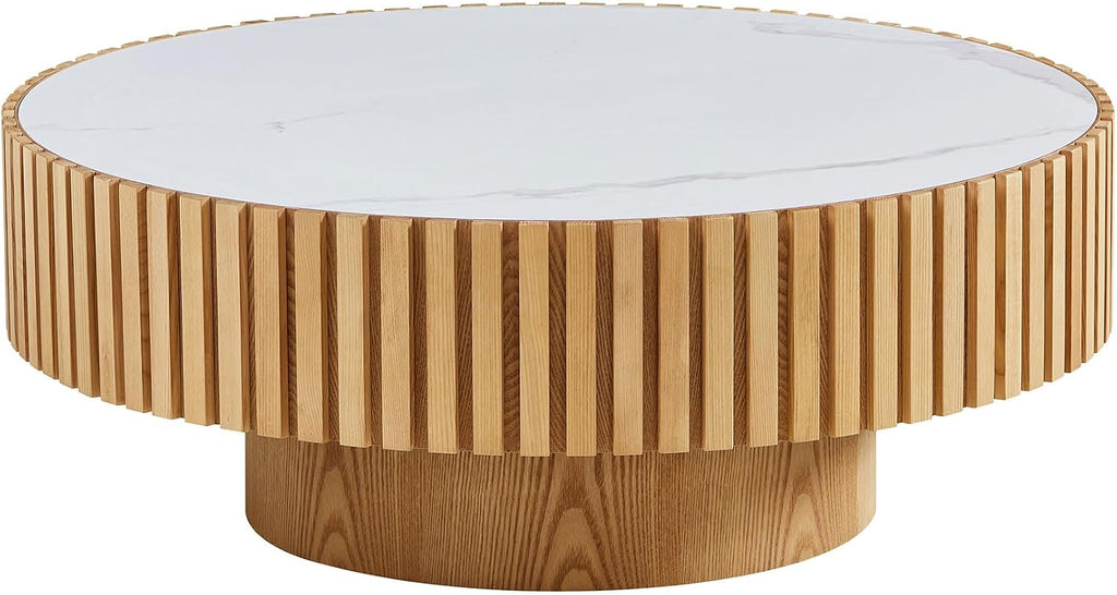 35.43'' Sintered Stone Round Coffee Table Modern Wood Coffee Table for Living Room, Contemporary Circle Fluted Drum Pedestal Stylee, Easy Assembly, Oak