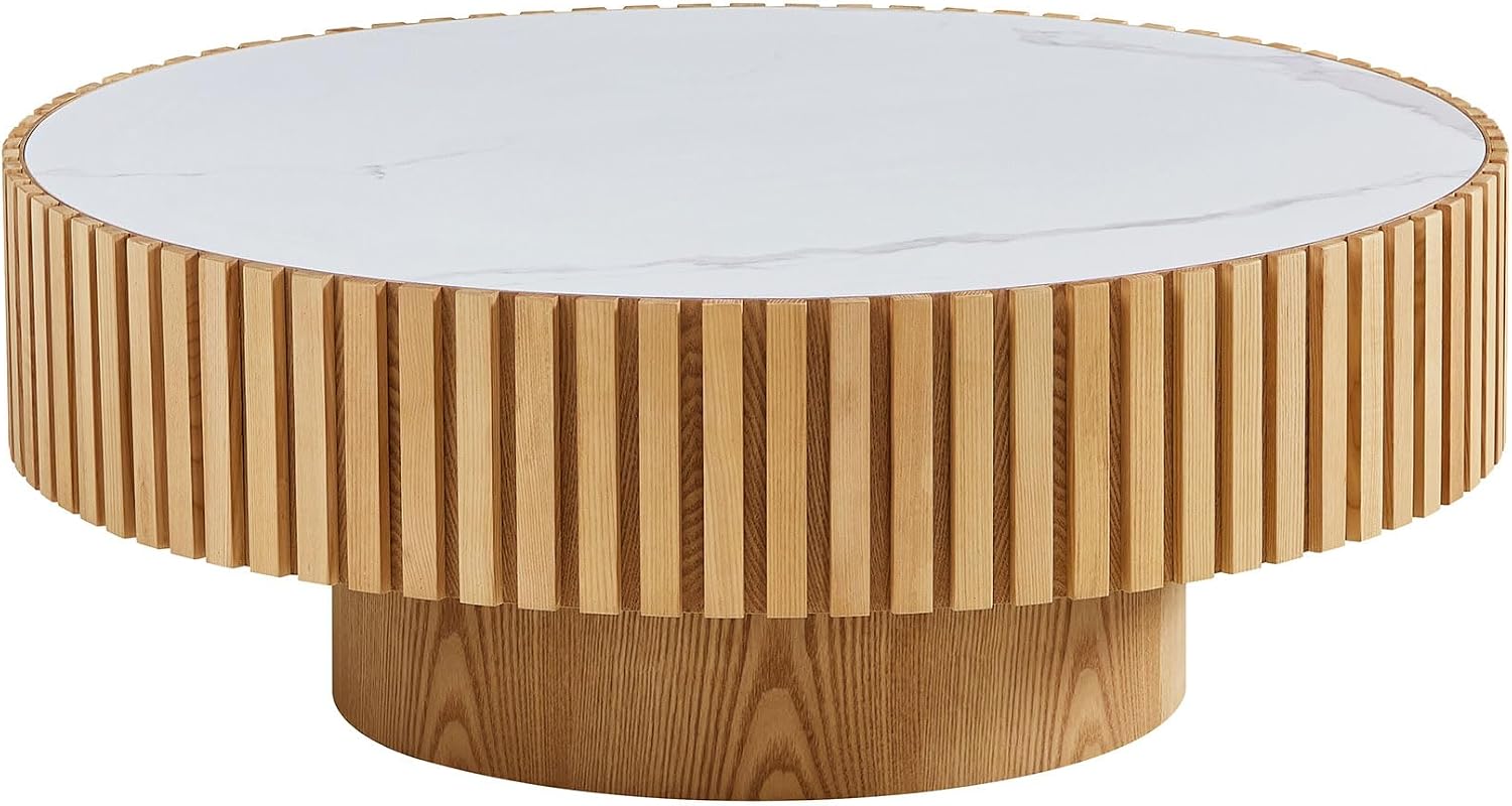 35.43'' Sintered Stone Round Coffee Table Modern Wood Coffee Table for Living Room, Contemporary Circle Fluted Drum Pedestal Stylee, Easy Assembly, Oak