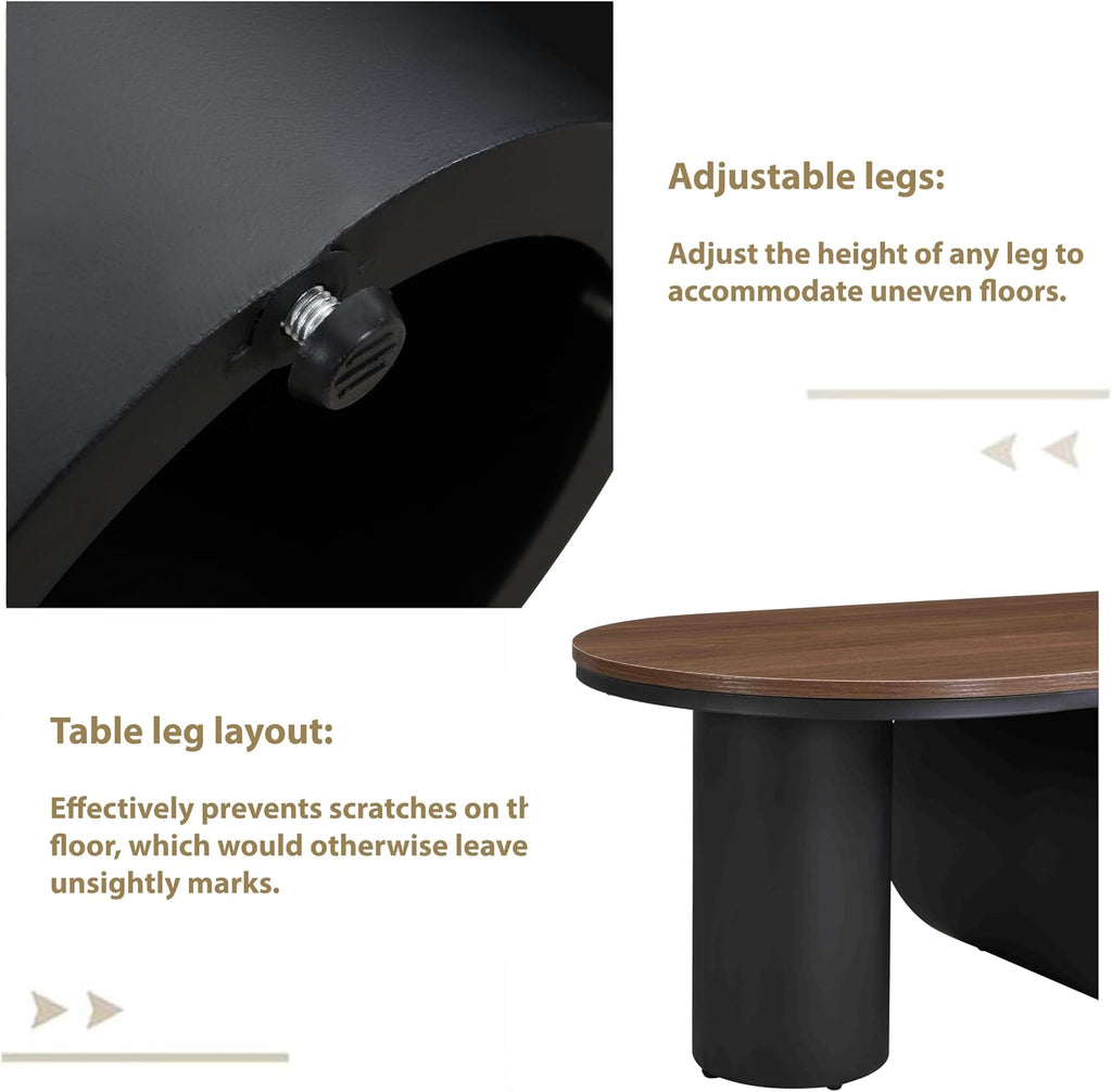 Luxury Black Oval Coffee Table, 47'' Modern Living Room Table with Storage Drawer, Rustic Walnut Top MDF, Sturdy Metal Base, Large Center Tables for Home Apartment