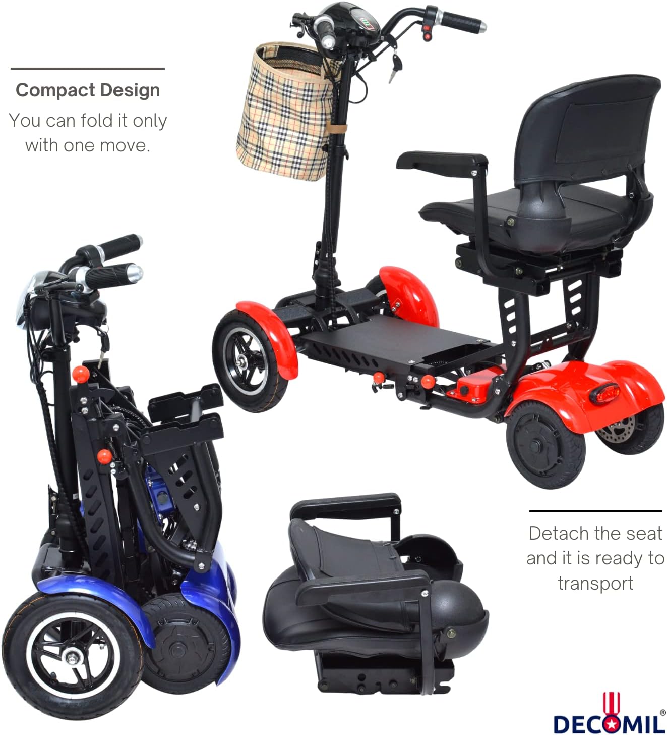 DECOMIL - Mobility Scooter, Portable Electric Scooter | Medical Travel Scooter, 4 Wheels | Lightweight and Portable (7.5 aH Battery, Red)