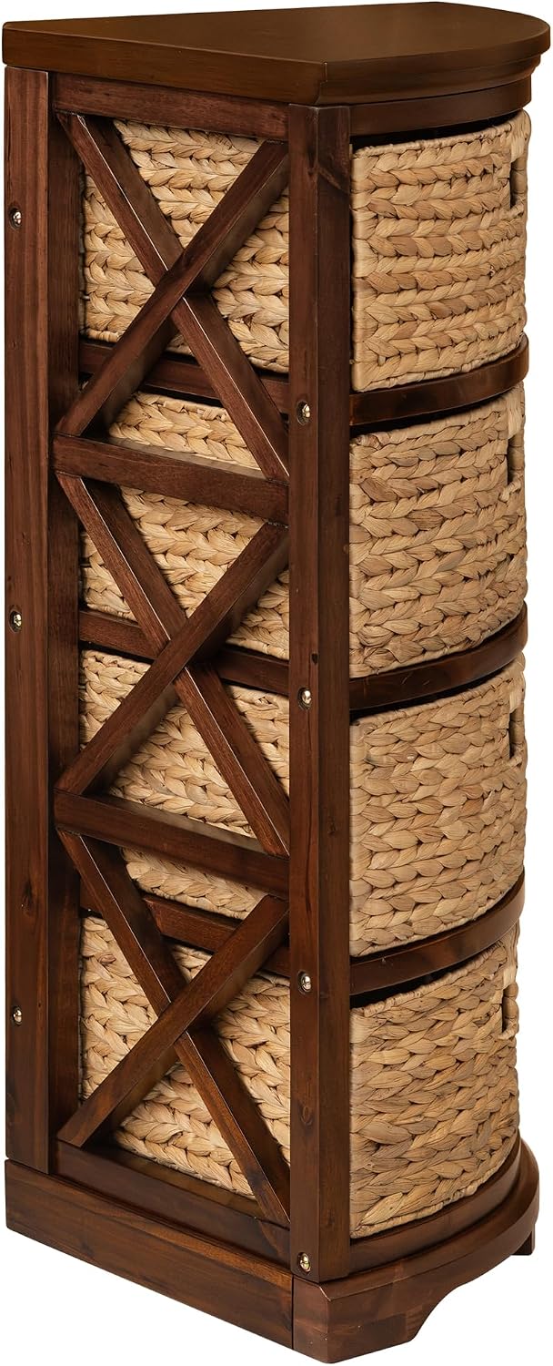 eHemco Hampton Meadows 4 Tier X-Side Corner Table Storage Cabinet with 4 Wicker Baskets, Walnut