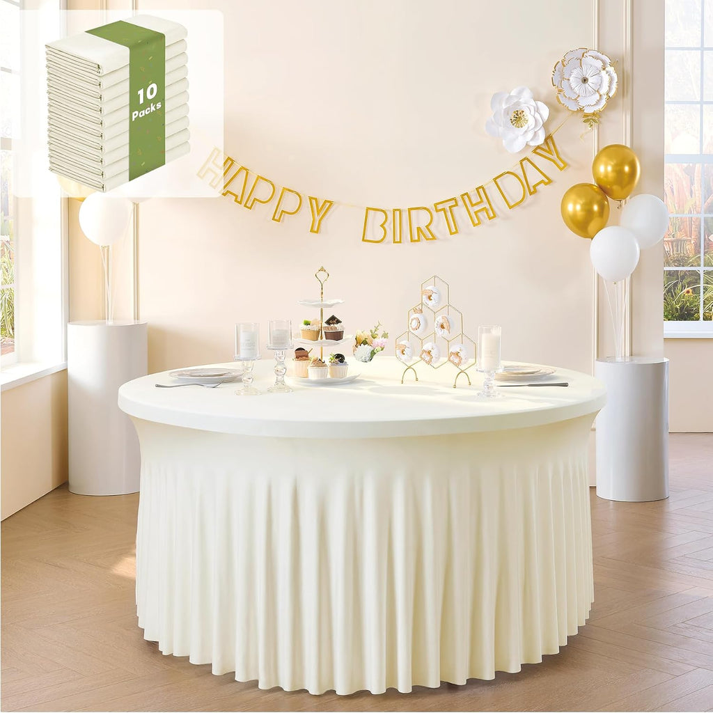 leegleri 10 Pack 60Inch Ivory Spandex Round Tablecloths, Stretchy 120inch Fitted 5FT Round Table Cloths, Wrinkle Free Table Cover with Skirt for Wedding Party Dining Banquet
