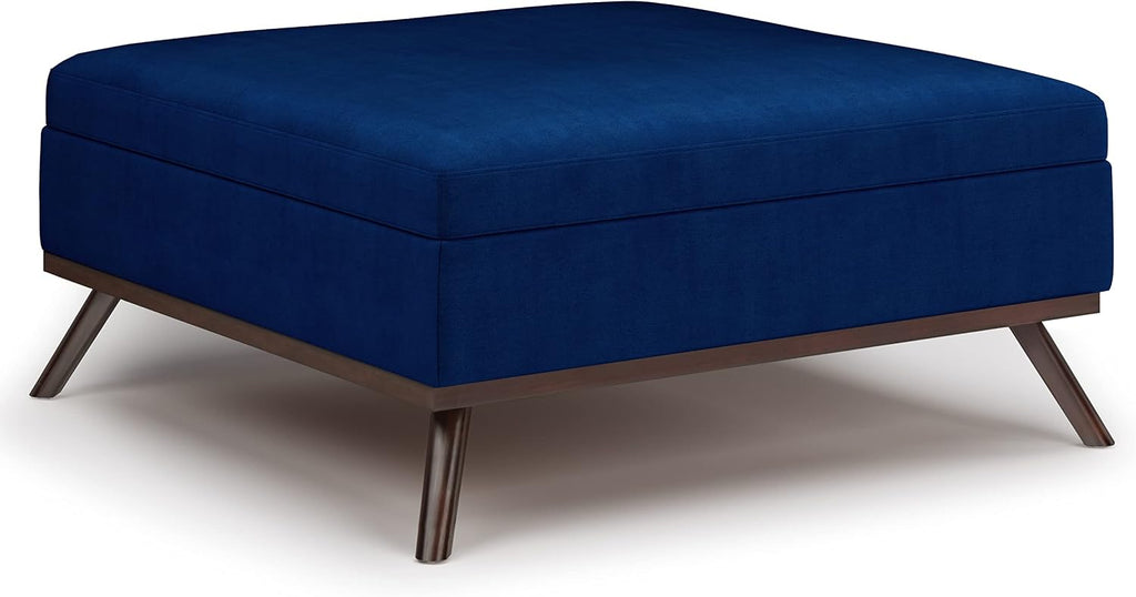 SIMPLIHOME Owen 36 inch Wide Mid Century Modern Square Coffee Table Storage Ottoman in Blue Velvet Fabric, Assembled, for the Living Room, Entryway and Family Room