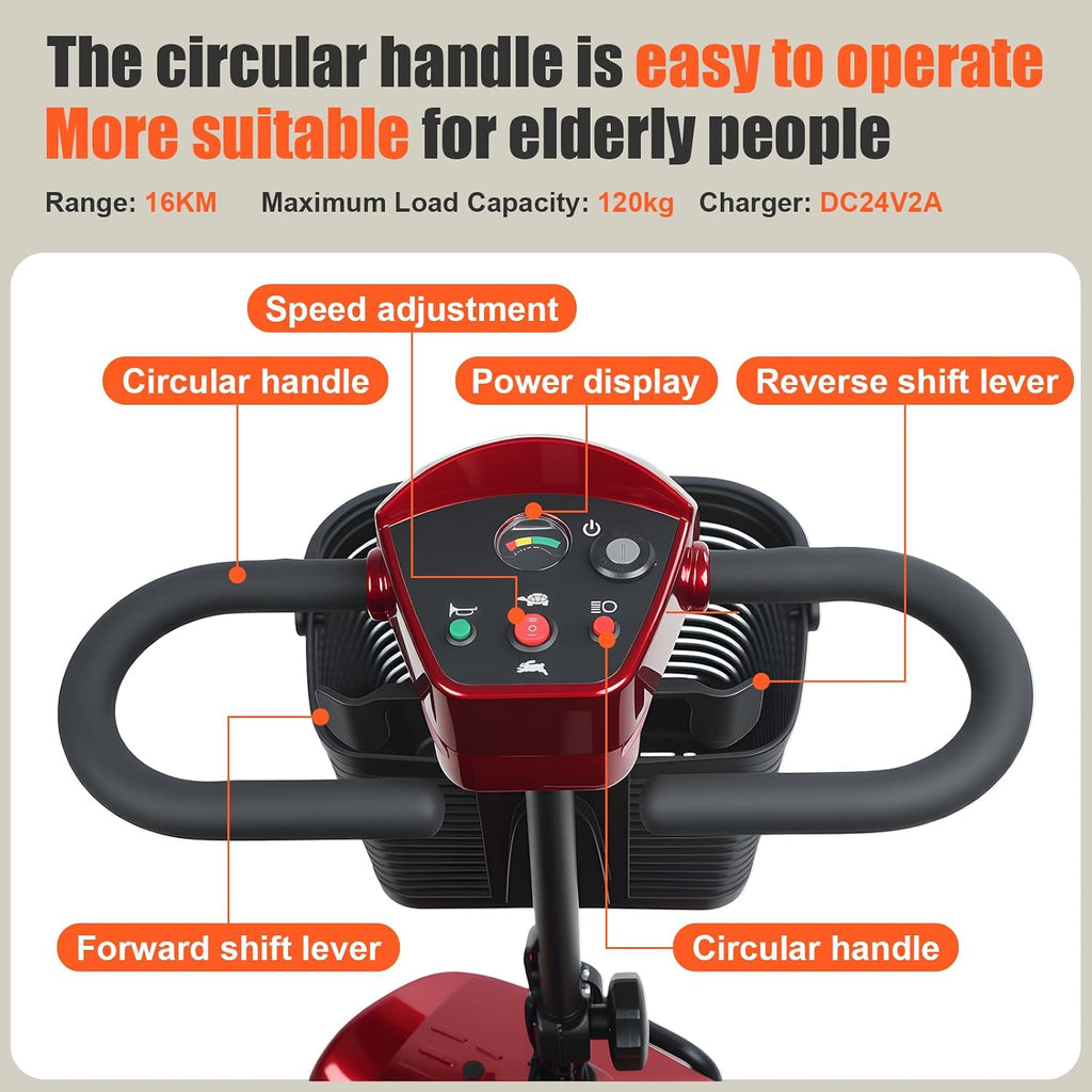 4-Wheel Electric Scooter for Adults | Long Range Mobility Scooter with Basket, Charger & 330 lbs Capacity for Seniors Outdoor Use (Red and Black)