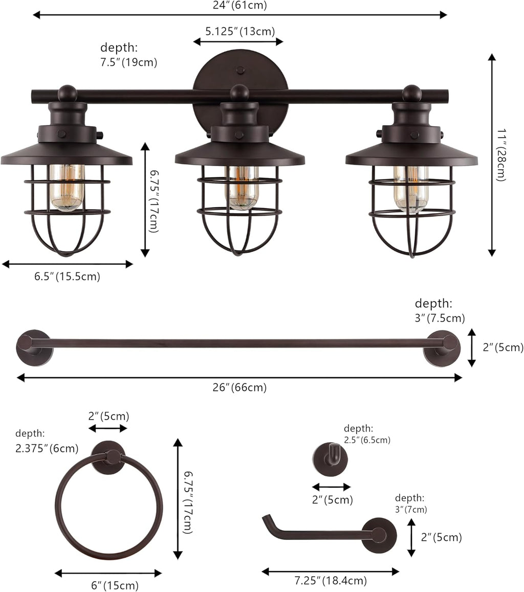 JONATHAN Y JYL1506A Ellis 24' 3-Light Industrial Farmhouse Vanity Light with Bathroom Hardware Accessory Set, Oil Rubbed Bronze (5-Piece) - Towel Bar & Ring, Toilet Paper Holder, Robe Hook