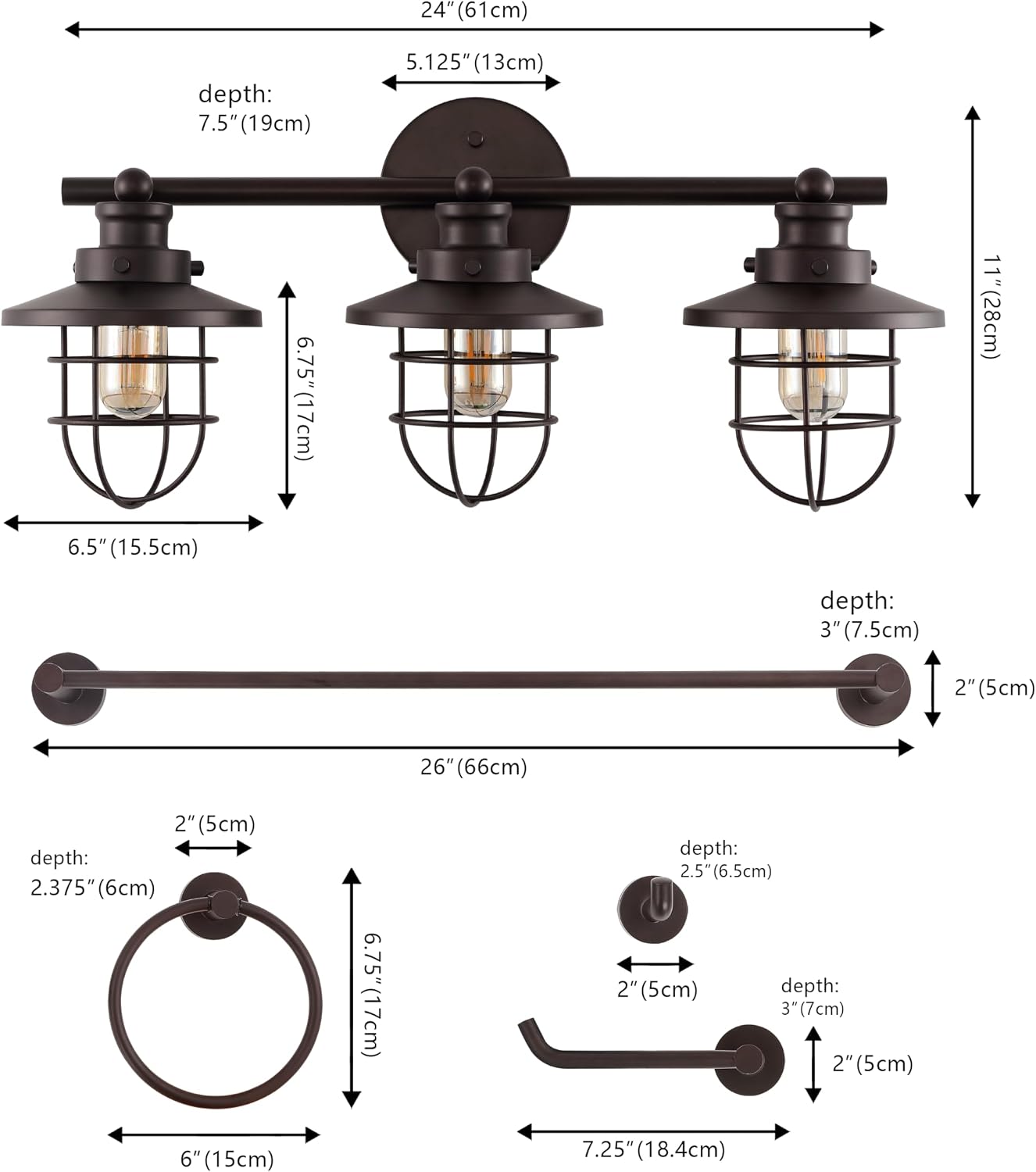 JONATHAN Y JYL1506A Ellis 24' 3-Light Industrial Farmhouse Vanity Light with Bathroom Hardware Accessory Set, Oil Rubbed Bronze (5-Piece) - Towel Bar & Ring, Toilet Paper Holder, Robe Hook
