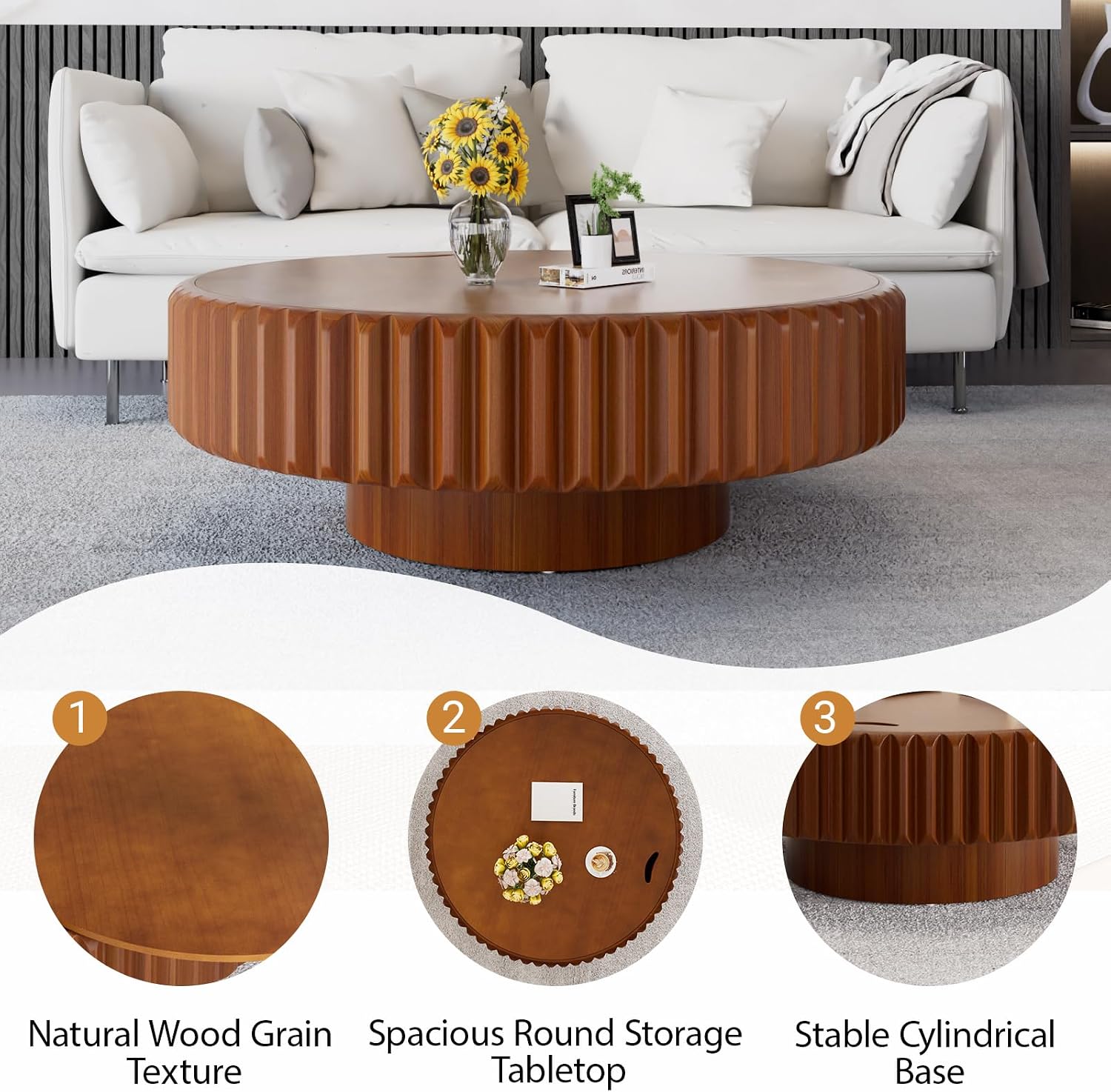 Drum Coffee Table with Hidden Storage, Modern Round Coffee Table for Living Room Circle Center Table with Solid Wood Fluted Veneered, Accent Tea Table for Small Space Apartment (Walnut 39.37 inch)