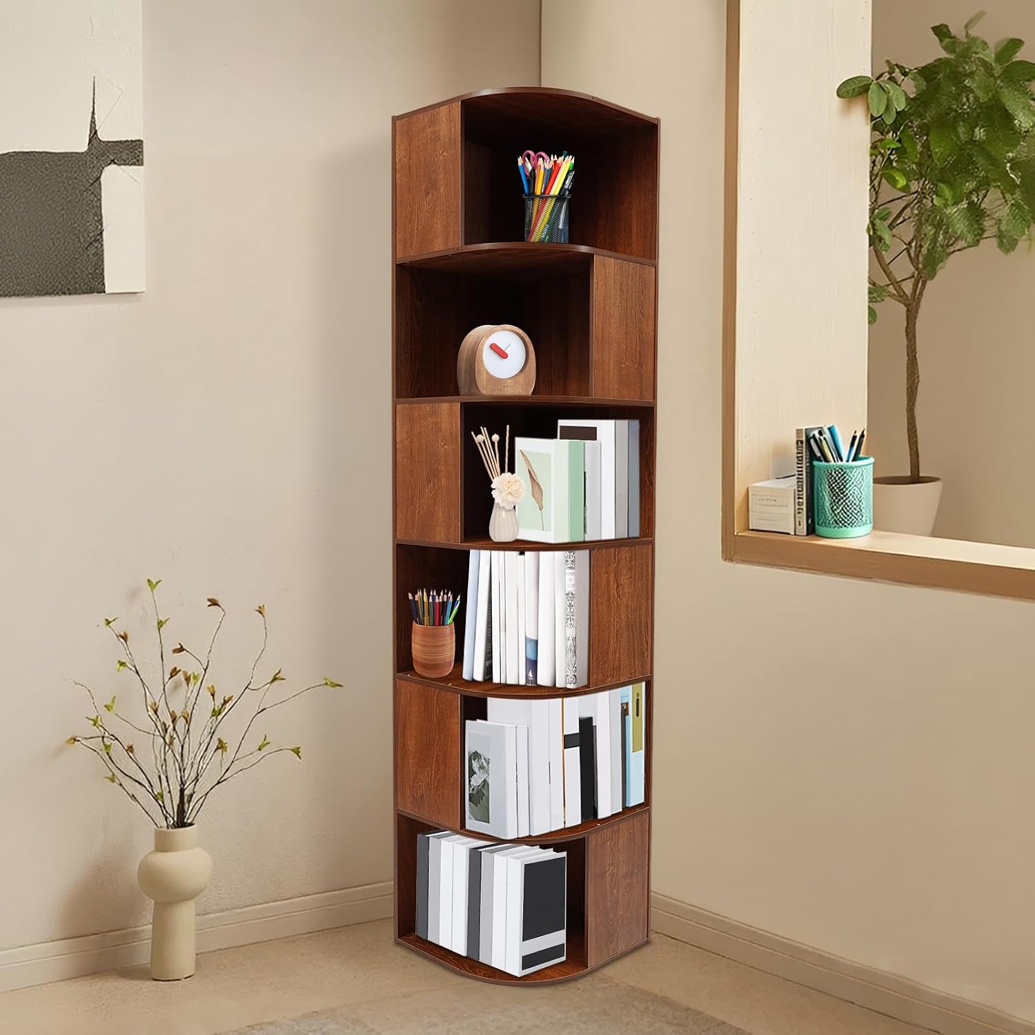 6 Tier Bookshelf Tower, 69.29'' Tall Floor-Standing Bookcase Display Cabinet, Wood Corner Book Shelf Organizer, Standing Bookshelf for Bedroom, Living Room, Study Room (Brown)