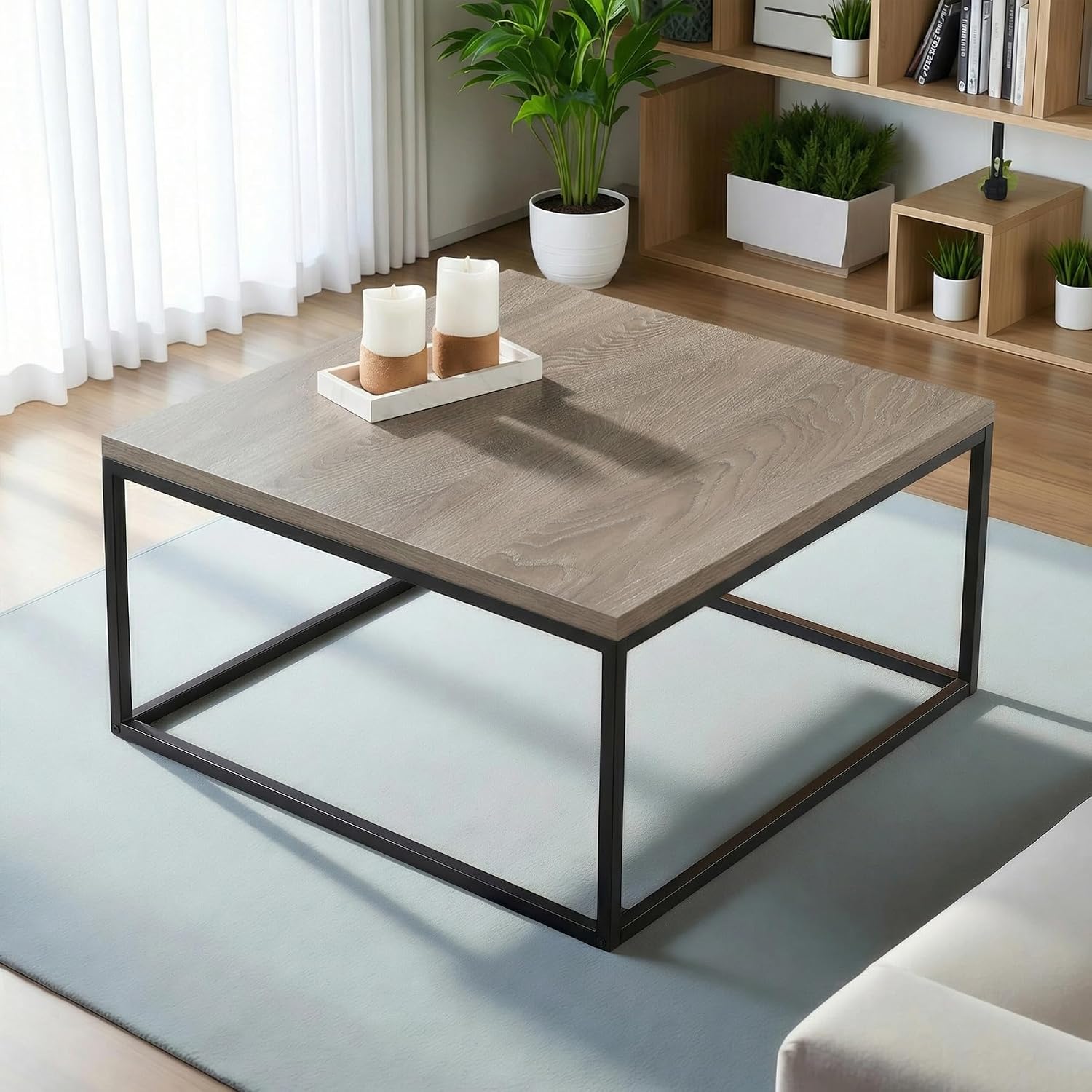 CENSI 30' Square Coffee Table, Grey Wash French Oak Wood Center Table for Living Room, Modern Industrial Metal Frame, Extra Thick 1.2' Top, Rustic Farmhouse Cocktail Table, Easy Assembly