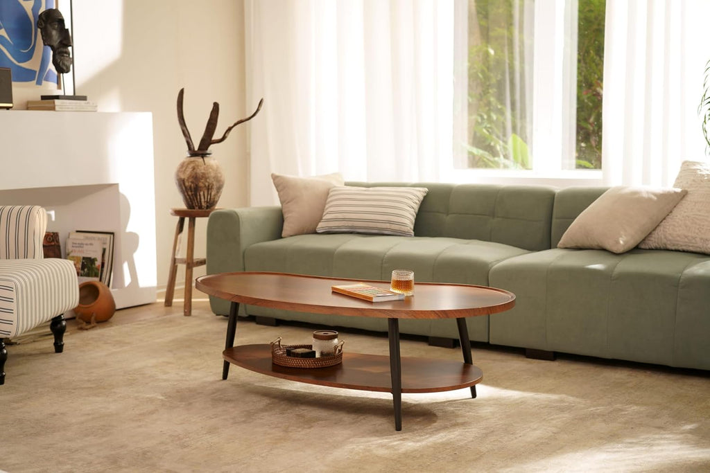 AGV LIGHTING Mango Oval Coffee Table with Storage Shelf, 47' Mid Century Modern Coffee Table for Living Room, Walnut Wood Finish MDF Top with Black Metal Legs
