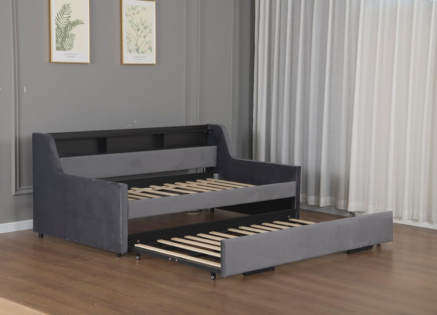 Twin Size Upholstered Daybed with Pop Up Trundle Bed, Storage Shelves, LED Light and Charging Station, Modern Velvet Corner Sofa Day Bed Frame for Bedroom, Living Room, Dark Grey