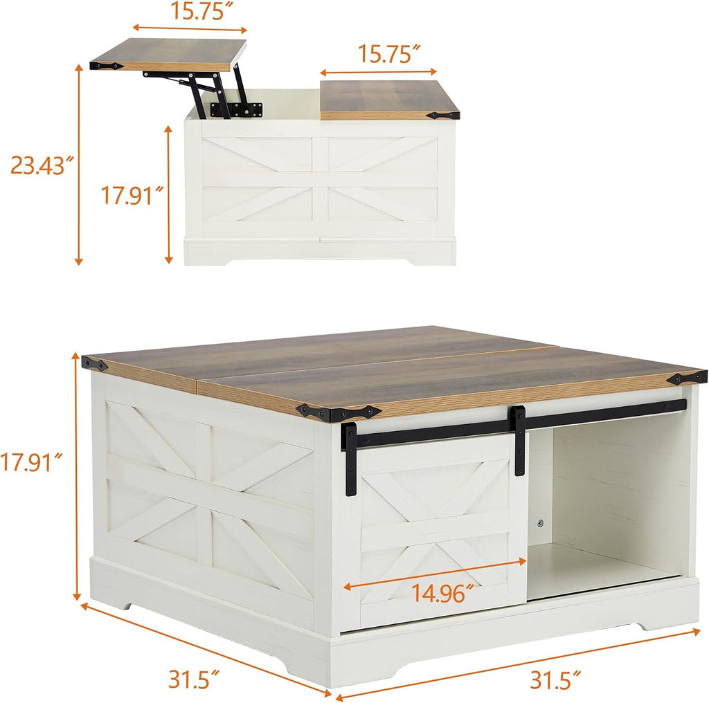 Farmhouse Lift Top Coffee Table, Wood Square Coffee Table with Sliding Barn Door and Adjustable Shelf Rustic Center Table with Hidden Storage Compartment for Living Room, Rustic White