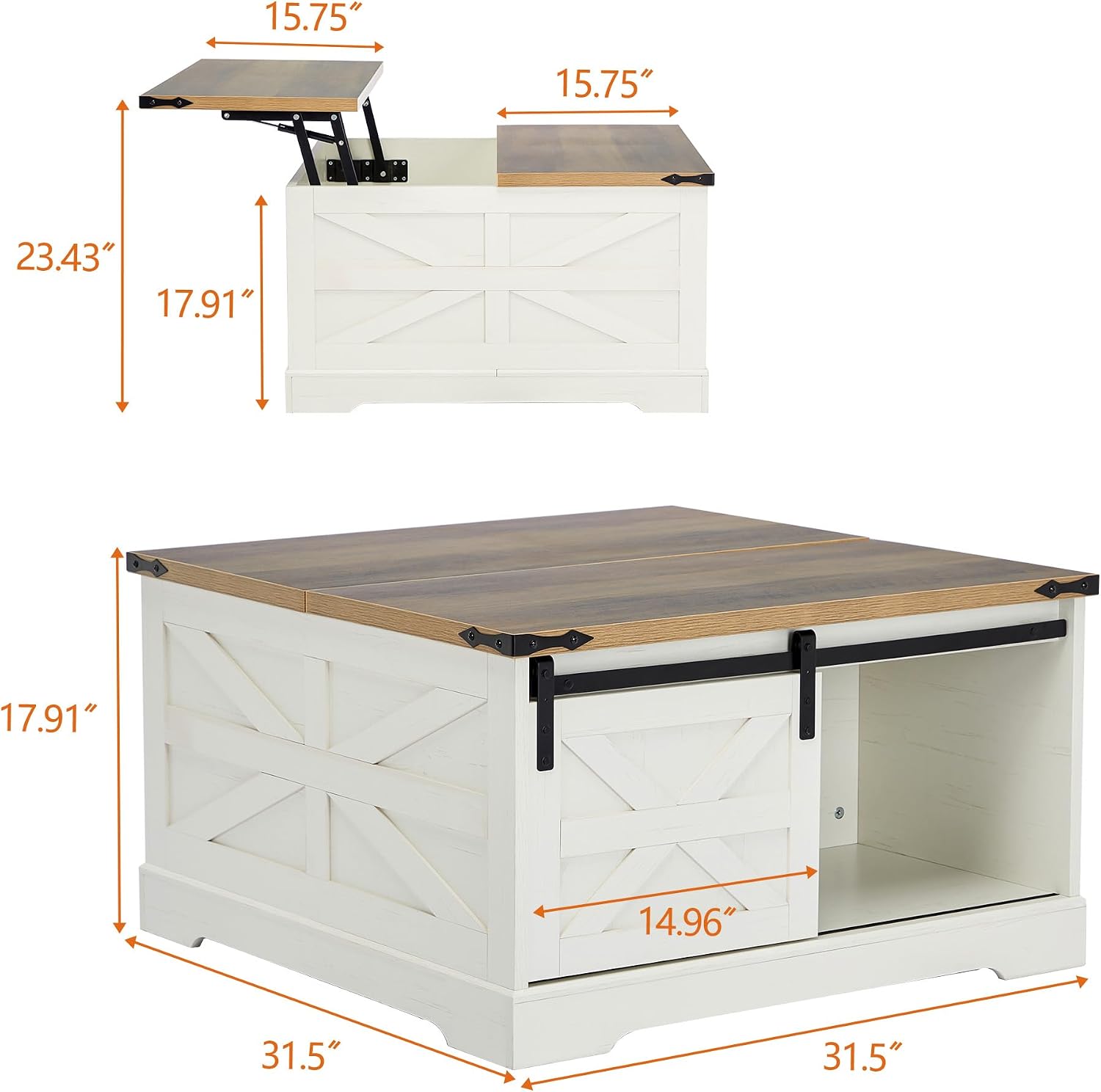 Farmhouse Lift Top Coffee Table, Wood Square Coffee Table with Sliding Barn Door and Adjustable Shelf Rustic Center Table with Hidden Storage Compartment for Living Room, Rustic White