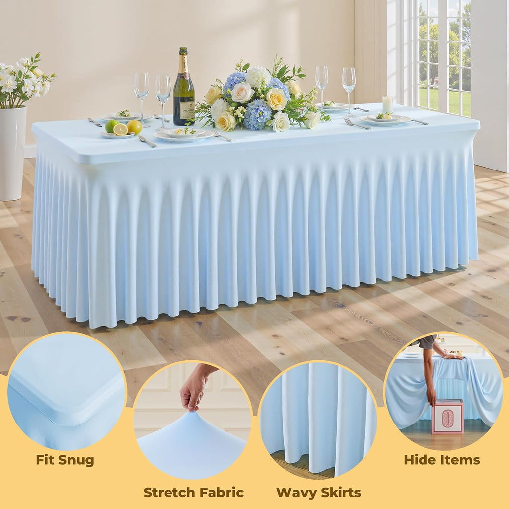 6 Pack Blue Spandex Fitted Tablecloth 8 Foot - Stretch Table Clothes for 8 FT Rectangle Table, Washable Ruffles Elastic for Weddings, Buffet, Banquet, Trade Craft Show, Party Celebration