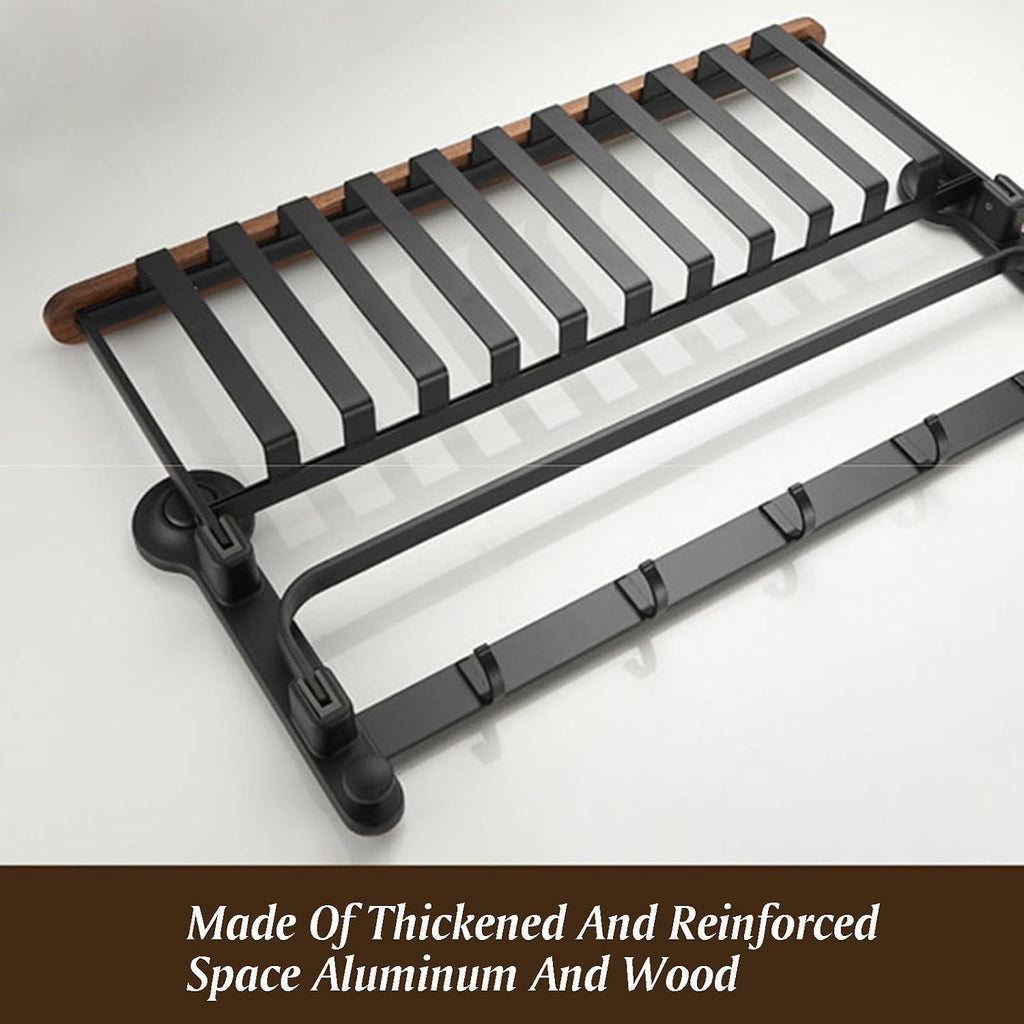 Space Aluminum+Wood Towel Rack,Double Layer Bar Wall Mounted,with Double Foldable Shelf,Mesh Basket and Hooks,for Bedroom Bathroom