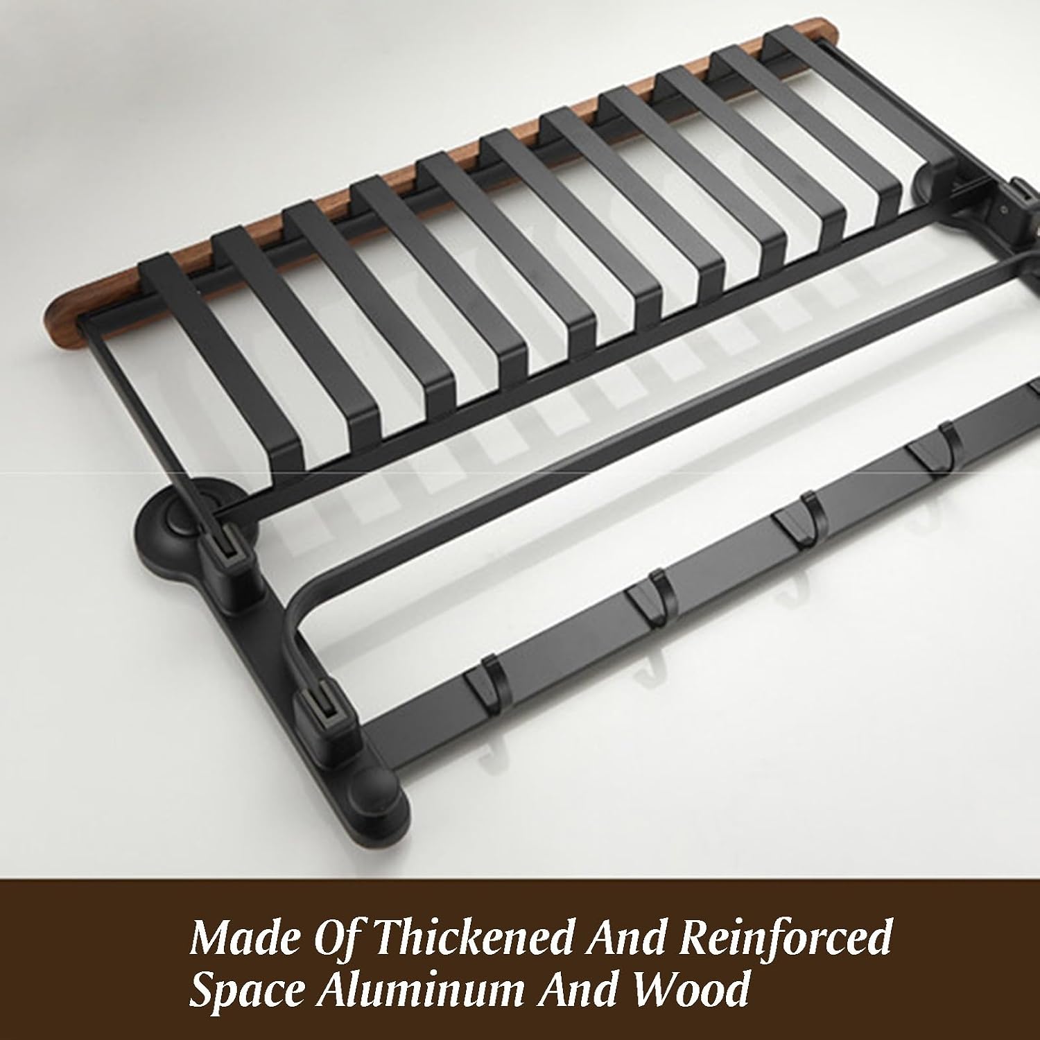 Space Aluminum+Wood Towel Rack,Double Layer Bar Wall Mounted,with Double Foldable Shelf,Mesh Basket and Hooks,for Bedroom Bathroom