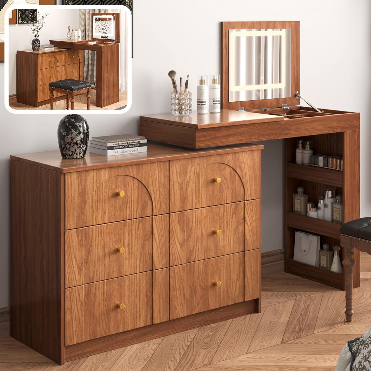 Convertible Brown make up Vanity Desk with Mirror and Lights, Wood Corner Makeup Desk & Large Makeup Table with 7 Storage Drawers / 9 Jewelry Compartments / 3 Shelves / Flip-Top Tabletop (Walnut)
