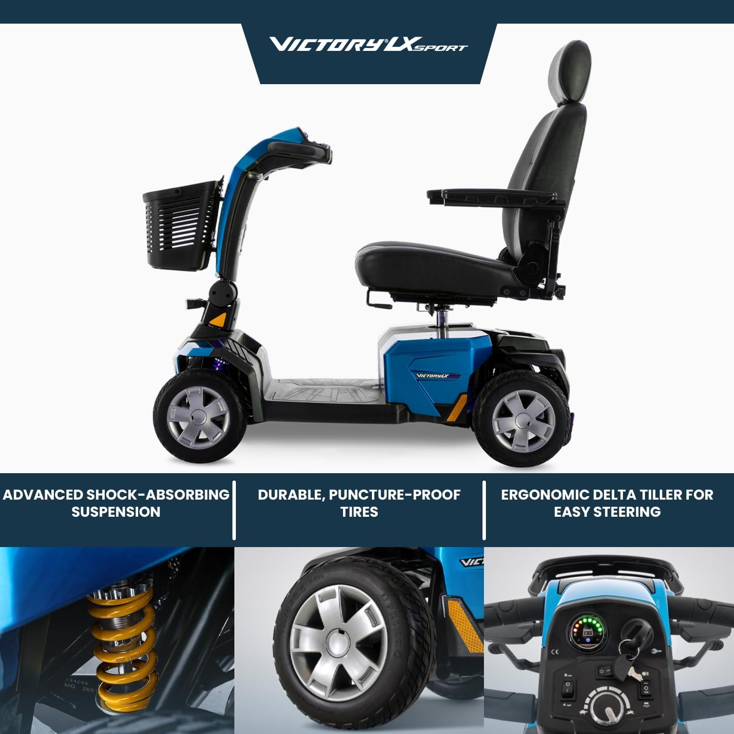 Pride Victory LX Sport + Accessories, Heavy Duty 4 Wheel Scooter for Adults and Seniors, Comfrot High Back Seating, 400 lb Capacity, LED Lighting, CTS Suspension, 8.6 MPH, Extended Service Warranty