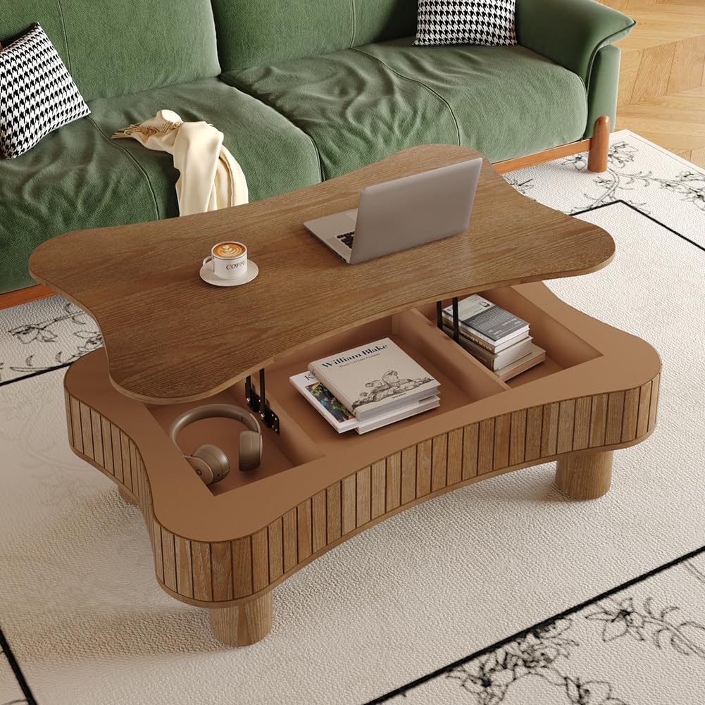 Irregular Coffee Table with Storage Cloud Coffee Table with Lifting Top Mid Century Modern Coffee Tables Smart Low Center Tables for Living Room 42.52'' Dark Walnut