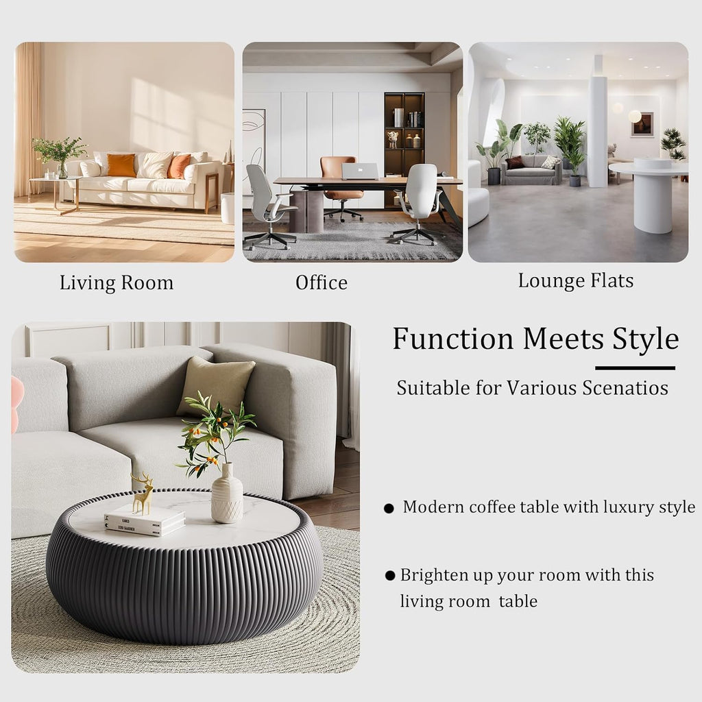 Grey Round Coffee Table with Sintered Stone Tabletop, 27.55' Drum Coffee Table with Fluted PU Leather Covered and Stable Base, Circle Cocktail Tea Table for Living Room