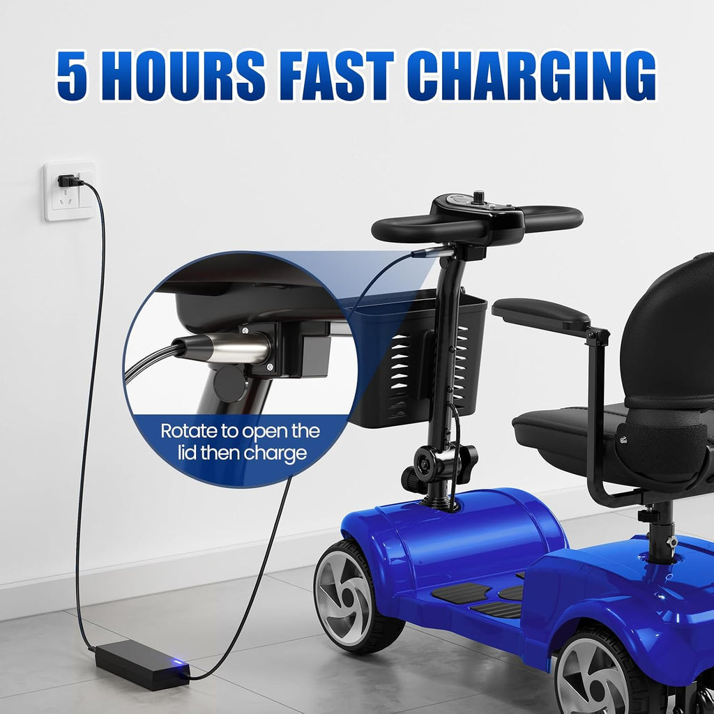 4 Wheel Electric Mobility Scooter for Adults and Seniors, 20 Miles Range Foldable Electric Scooter, Compact Heavy Duty Mobile for Cruise Travel with 300 lb Capacity, Powered Electric Wheelchair, Blue