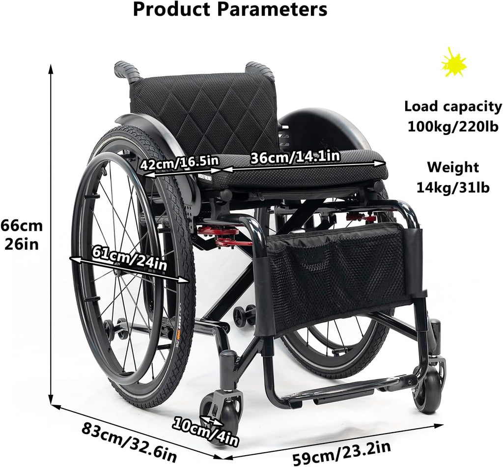 Lightweight Wheelchair,Durable Aluminum Alloy Wheelchair,Sports And Leisure Wheelchairs For Adults,Portable Folding Wheelchair,Self Propelled Wheelchair,220-Ib Weight Capacity(B-black,Seat width 36cm)