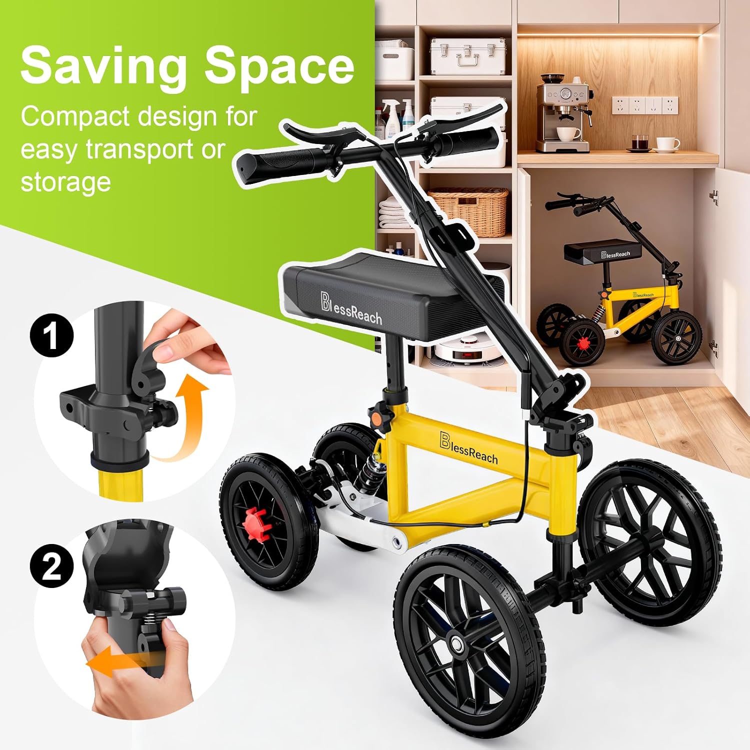 BlessReach Economy Steerable Knee Walker - Compact Crutch Alternative for Foot Injuries with Dual Braking System (Yellow)