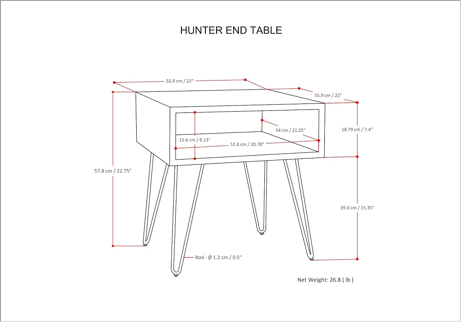 SIMPLIHOME Hunter End Table - 22 inch Wide Solid Mango Wood and Metal Square Accent Table with Open Storage Compartment and Hairpin Legs in Natural, Industrial Nightstand for Living Room or Bedroom