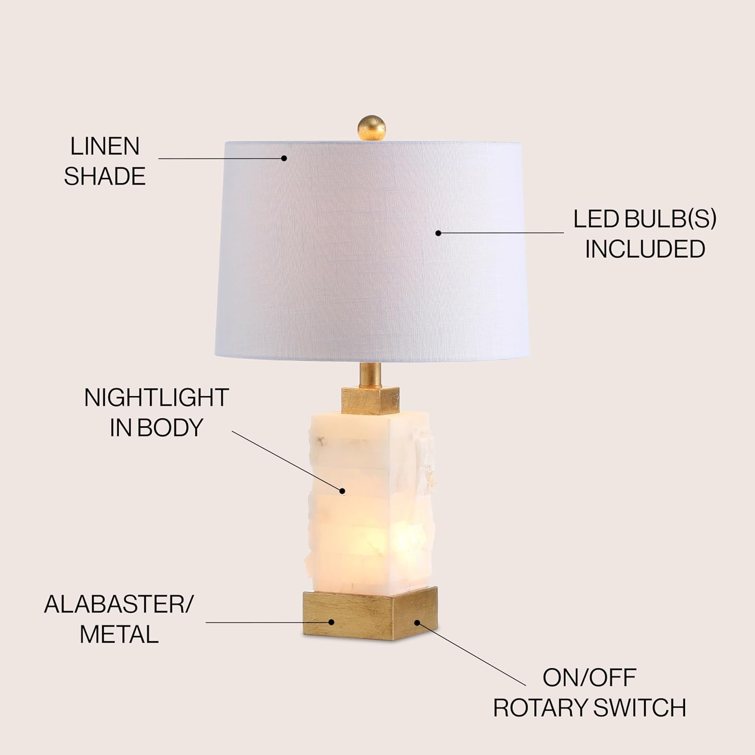 JONATHAN Y 23' Gold/White 2-Light Alabaster Rectangular Table Lamp with Night Light Modern Coastal Bedside Lamp for Bedroom with White Linen Drum Shade LED Bulbs Included JYL6202A