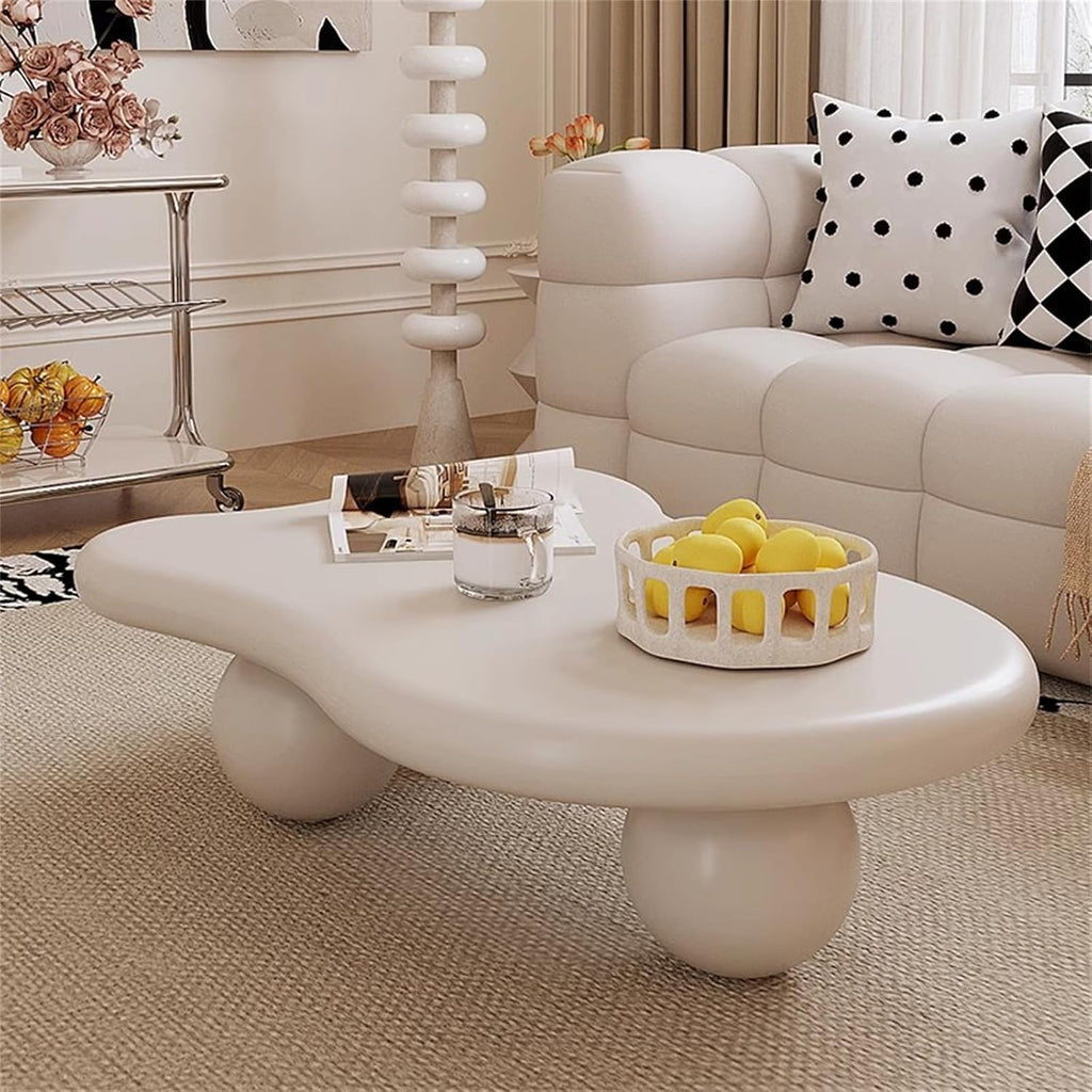 47.2' Cloud Coffee Table, Modern Coffee Table Unique Tea Table, Cute Cloud-Shaped Center Table with 3 Ball Legs for Living Room Home Office, Easy Assembly,White