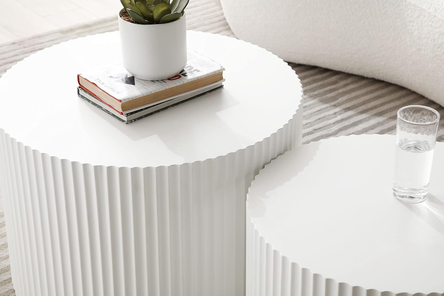 JUSTONE 2-Piece Nesting Coffee Tables Set - Modern Drum End Tables for Small Spaces, White Round Accent Furniture for Living Room & Apartments (15.75' H)