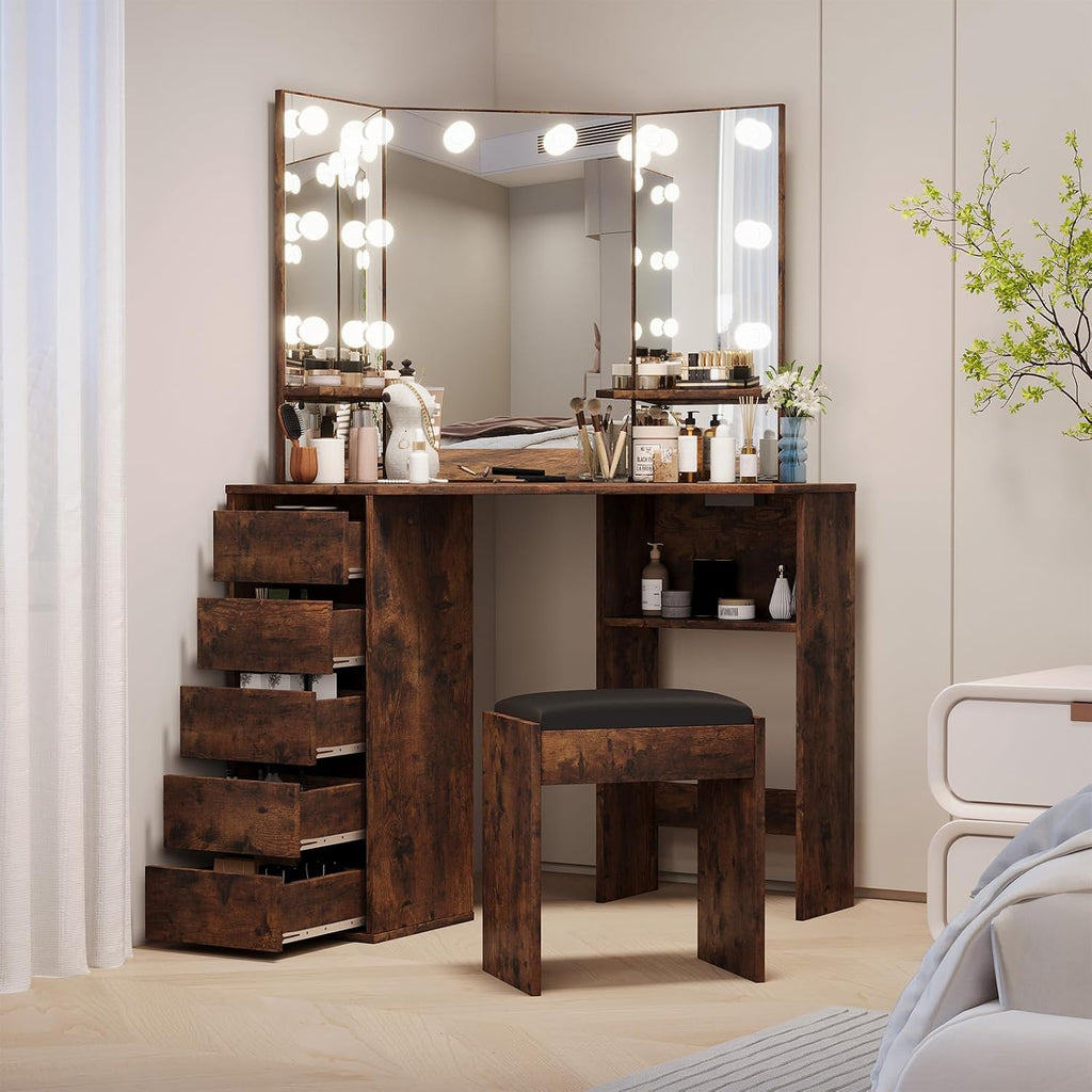 Corner Vanity Desk with Mirror and Led Lights - Makeup Table with 5 Drawers, Shelves, and Vanity Stool - Perfect for Bedroom or Bathroom, Brown