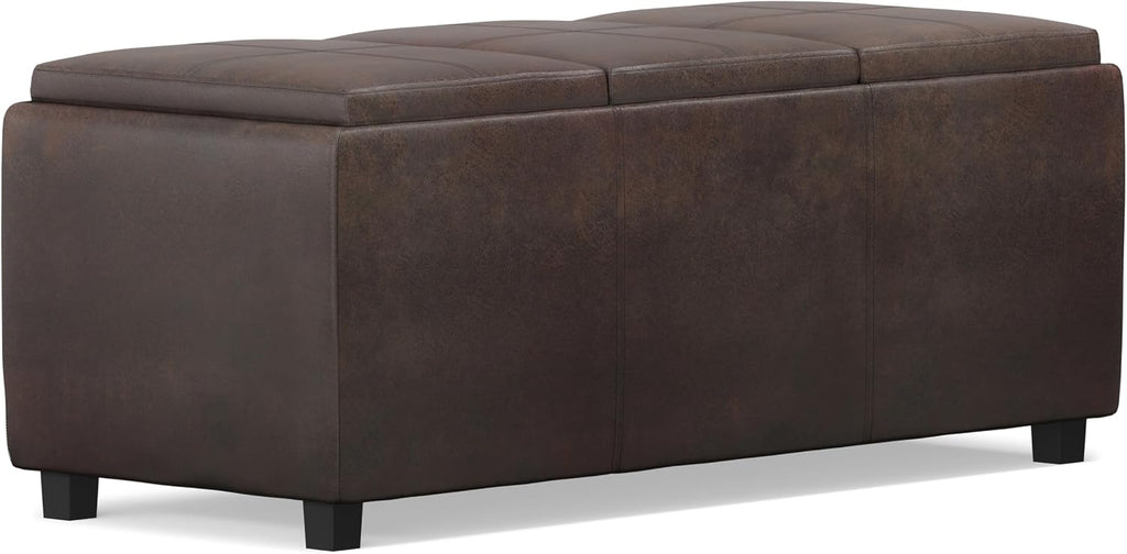 SIMPLIHOME Avalon Storage Ottoman - 42 inch Wide Upholstered Vegan Leather Rectangular Flip-Top Ottoman in Distressed Brown, Contemporary Coffee Table Ottoman for Living Room with Hidden Storage
