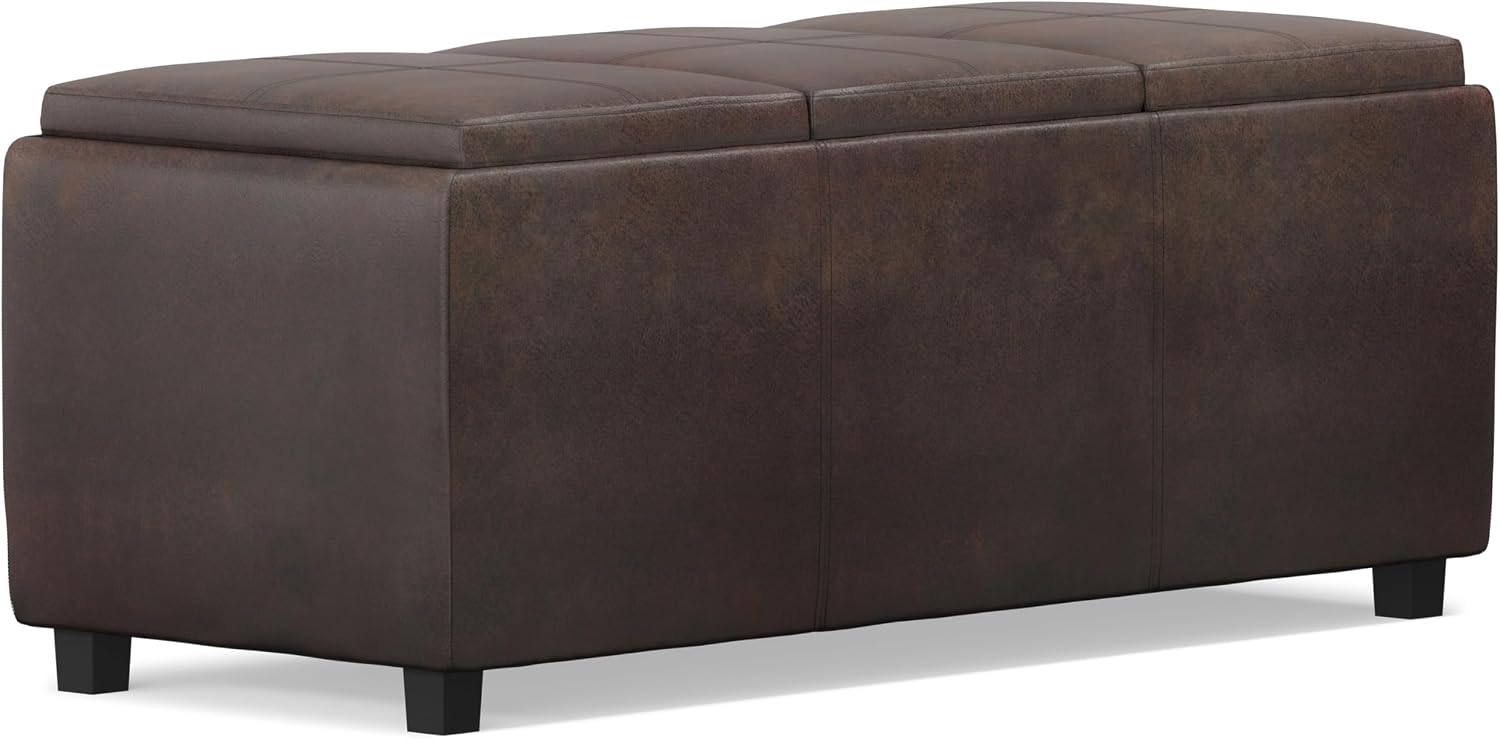 SIMPLIHOME Avalon Storage Ottoman - 42 inch Wide Upholstered Vegan Leather Rectangular Flip-Top Ottoman in Distressed Brown, Contemporary Coffee Table Ottoman for Living Room with Hidden Storage