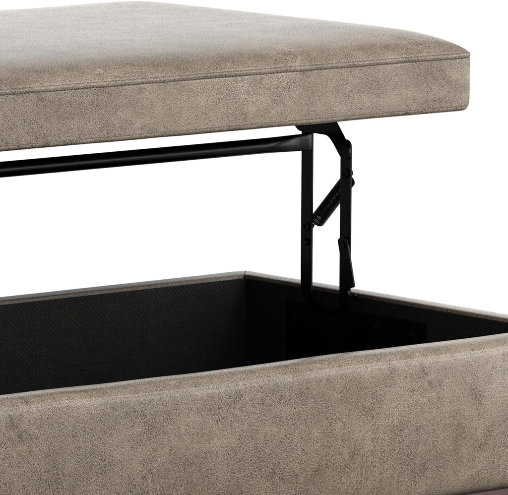SIMPLIHOME Owen Lift Top Coffee Table Storage Ottoman - 42 inch Wide Upholstered Vegan Leather Rectangular Lift-Top Ottoman in Distressed Smoky Grey Brown, Mid-Century Modern Ottoman for Living Room