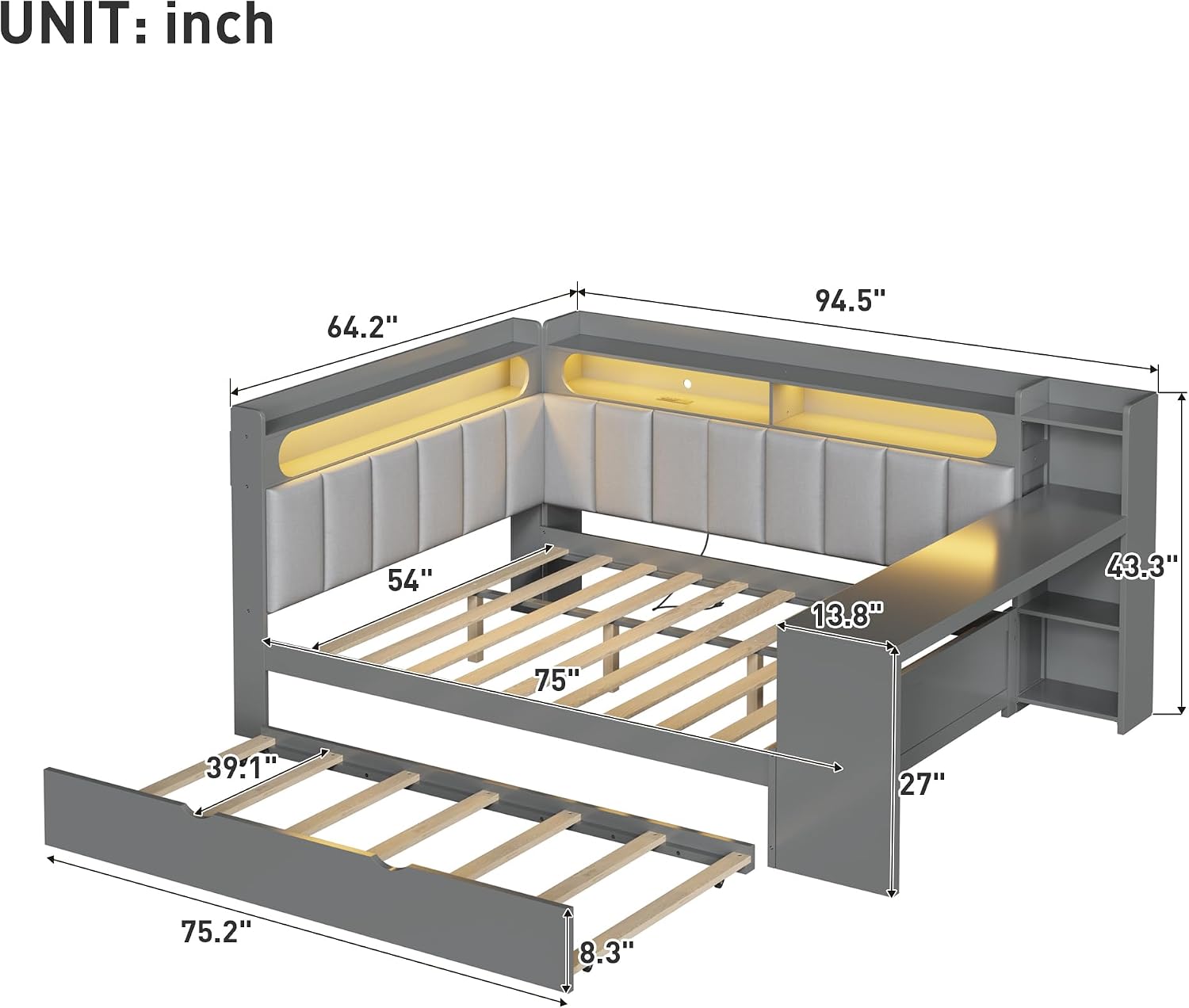 Wood Full Size Daybed with Storage Shelves and Desk, L-Shaped Corner Platform Bed Frame with Upholstered Headboard and Trundle for Office Living Room Bedroom, Space-Saving (Gray-1.16t)