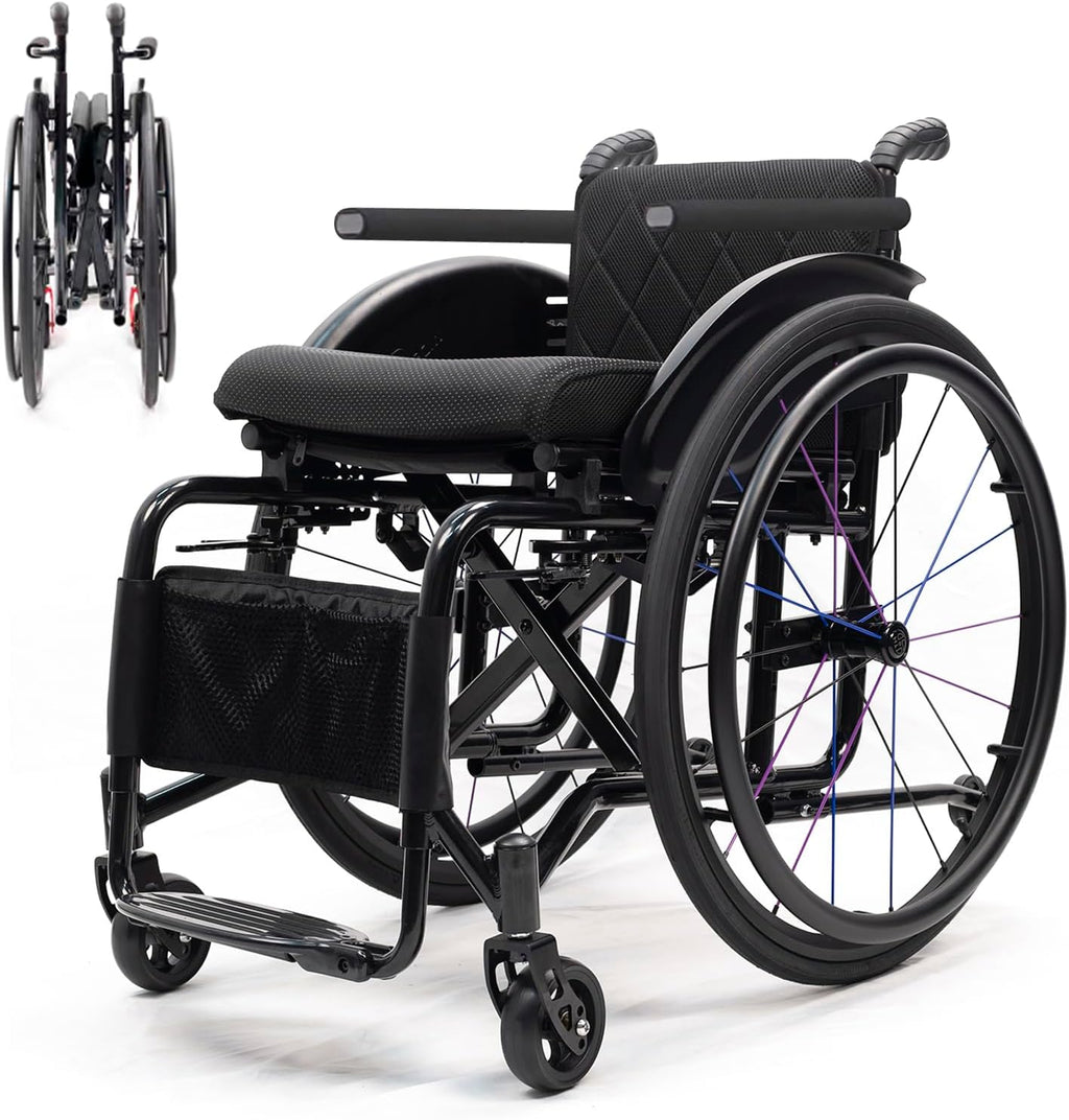 Foldable Aluminum Wheelchair,Folding Sports Wheelchair,Transport Wheelchair with Handbrakes,All-Terrain Ultra Lightweight Wheelchair,Wheelchairs for Adults,Anti-Tip Wheels(14.1in/36cm)