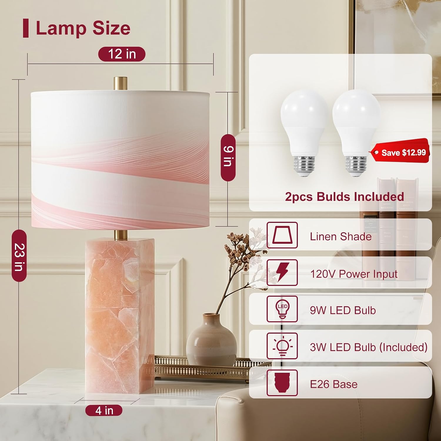 Scenekoy 23' Alabaster Table Lamp Set of 2 with Night Light for Bedroom Living Room, Rotary Switch, Pink Modern Table Lamp with Linen Shade, Nightstand Lamps for Room Bedside Office (Bulb Included)