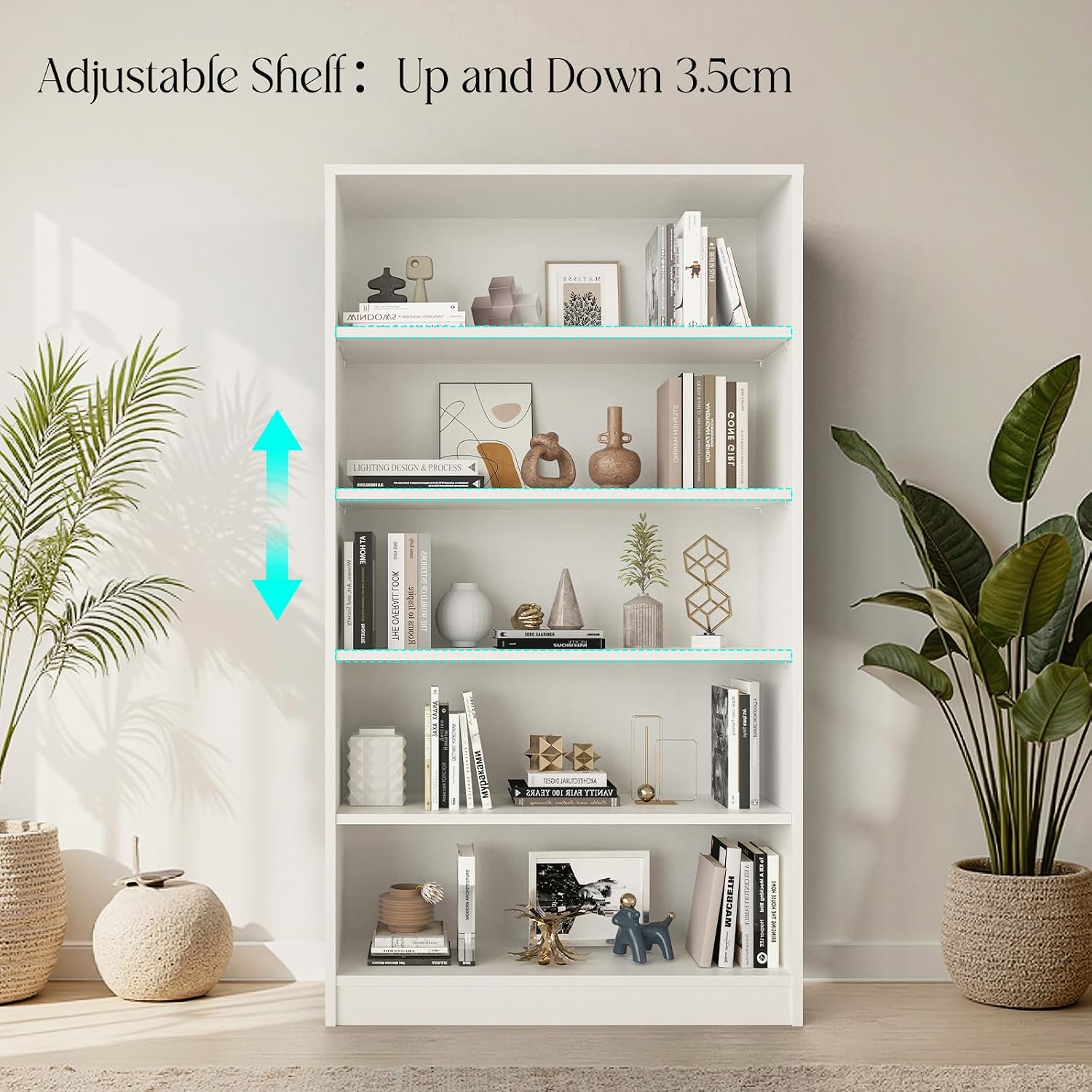 Farini 60 Inch Tall 5-Shelf Bookcase, Wood Bookshelf Storage Organizer Adjustable Shelf for Home Office, Study Room, Easy Assembly,White