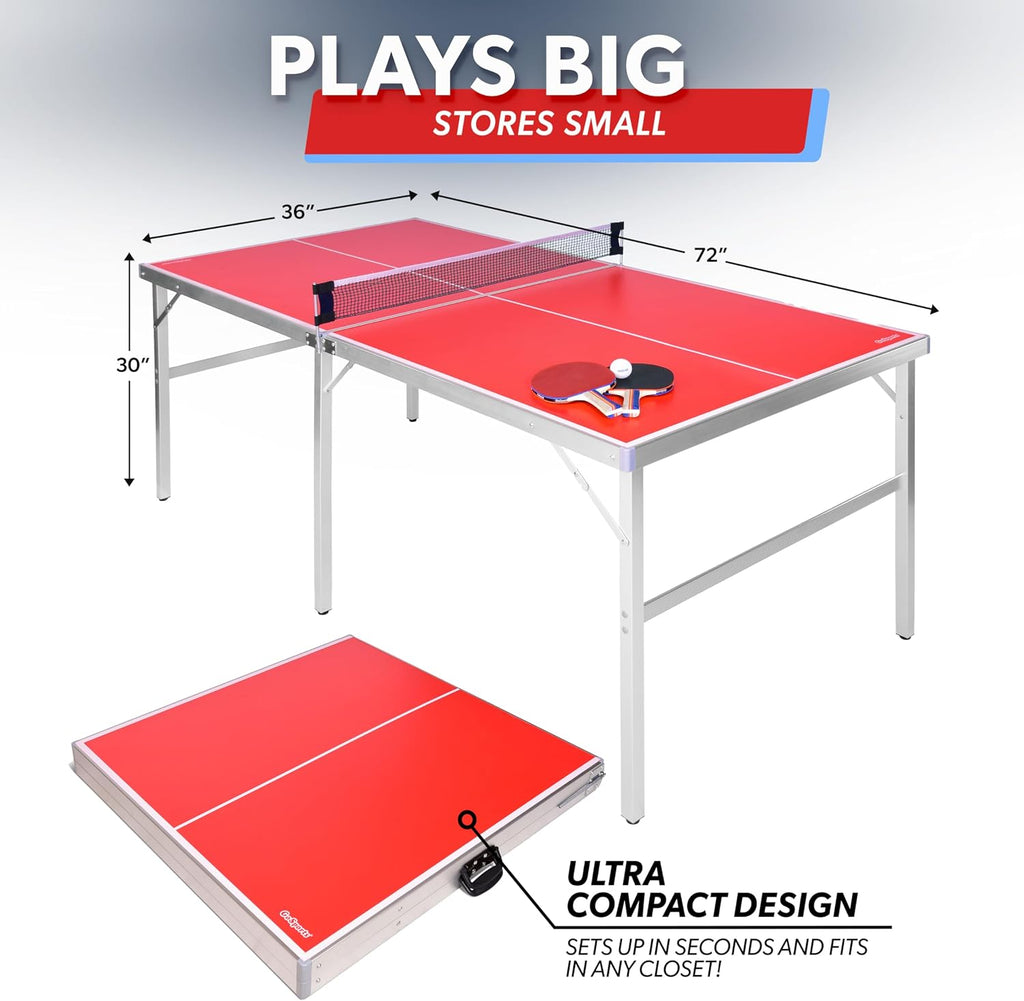 GoSports Mid-Size Table Tennis Game Set - Red or Blue - Indoor/Outdoor Portable Table Tennis Game with Net, 2 Table Tennis Paddles and 4 Balls