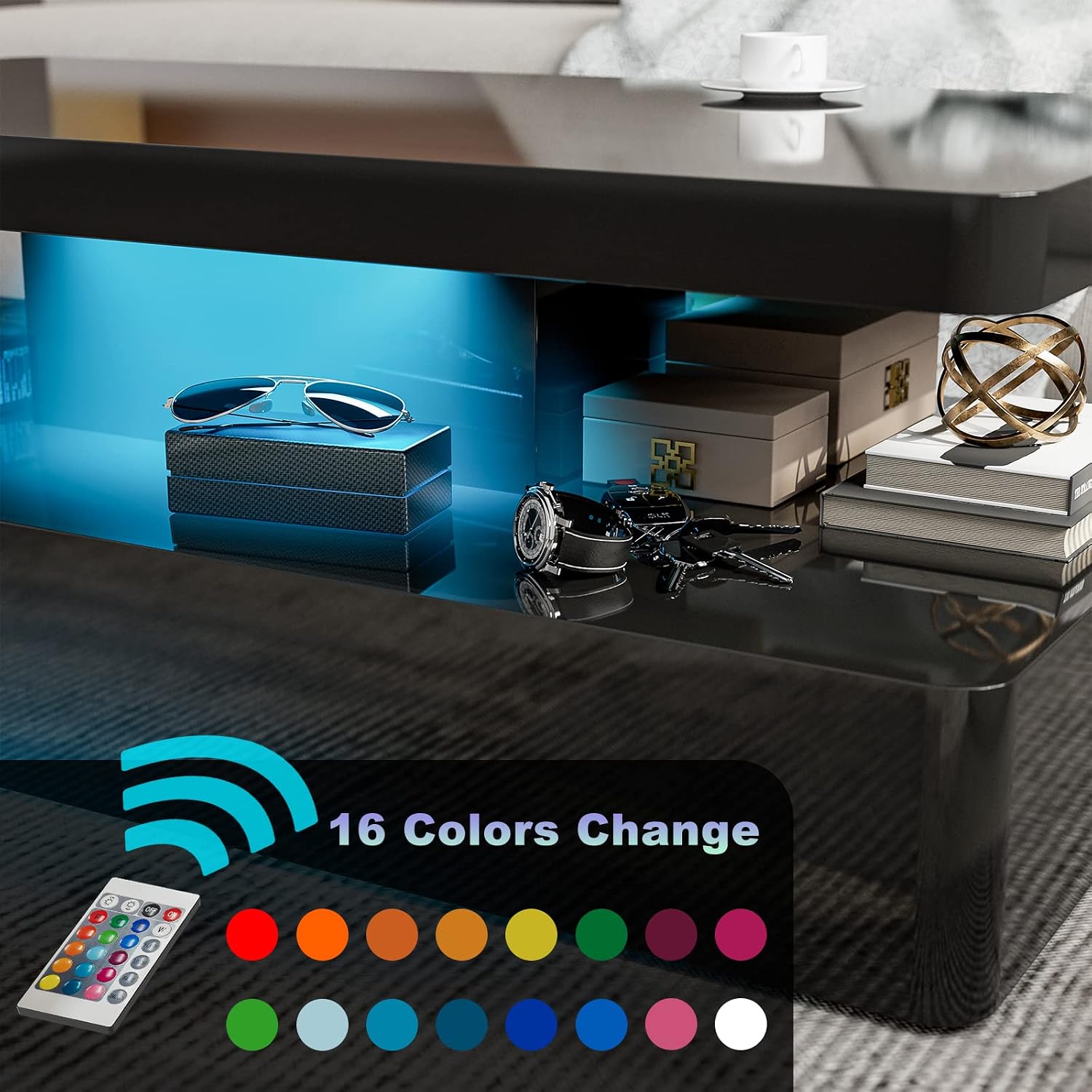 IKIFLY LED High Glossy Coffee Table, Modern Coffee Table for Living Room, 2 Tiers Rectangle Design Table with 16 Colors LED Lights Black