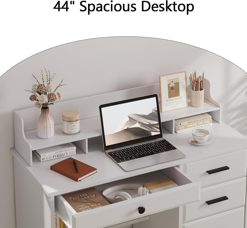 MaverickFurni White Desk with Drawers, Small Computer Desk with Drawers for Writing Study, Office Desk with File Drawer and Monitor Stand for Bedroom, Small Spaces