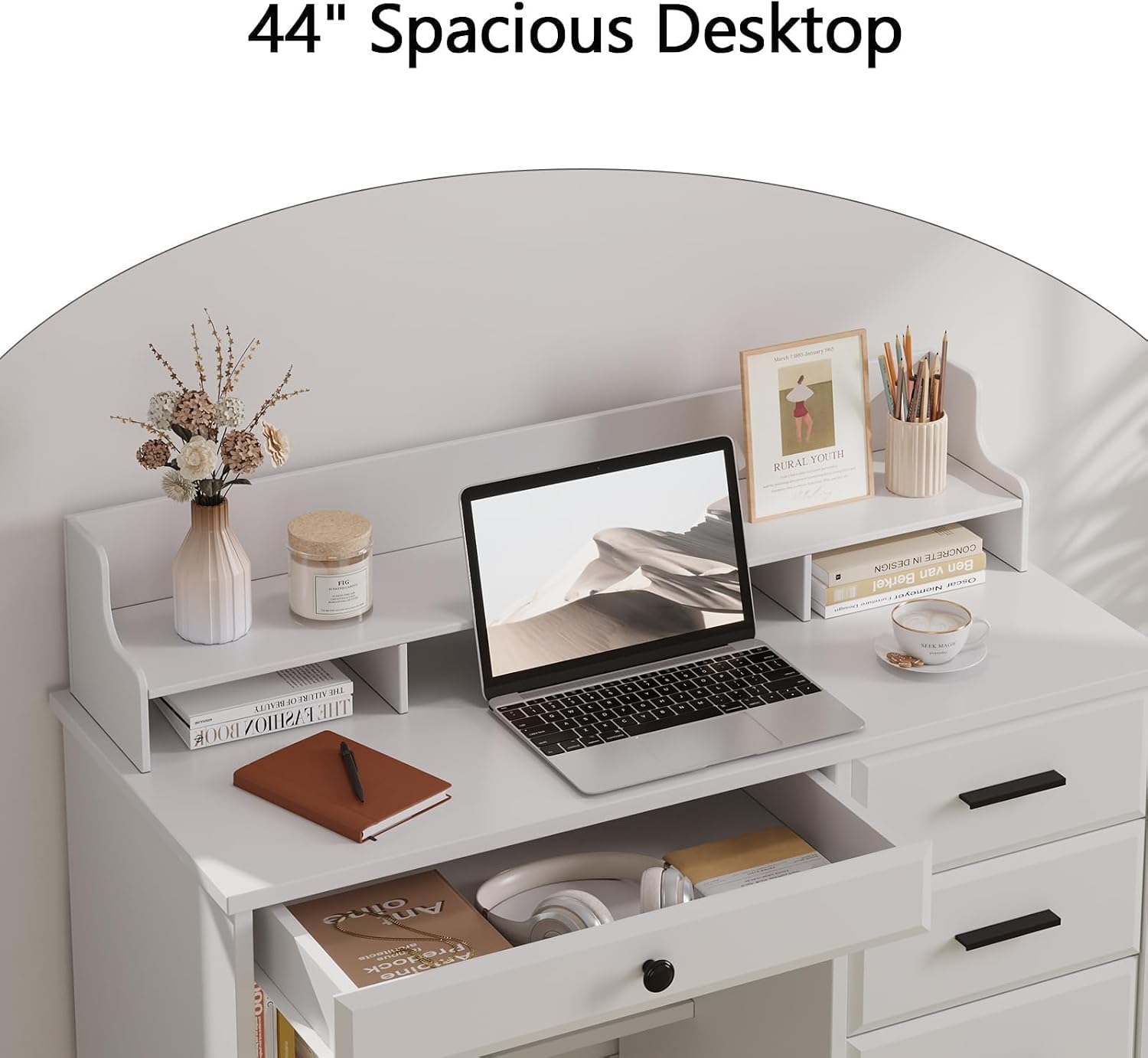 MaverickFurni White Desk with Drawers, Small Computer Desk with Drawers for Writing Study, Office Desk with File Drawer and Monitor Stand for Bedroom, Small Spaces