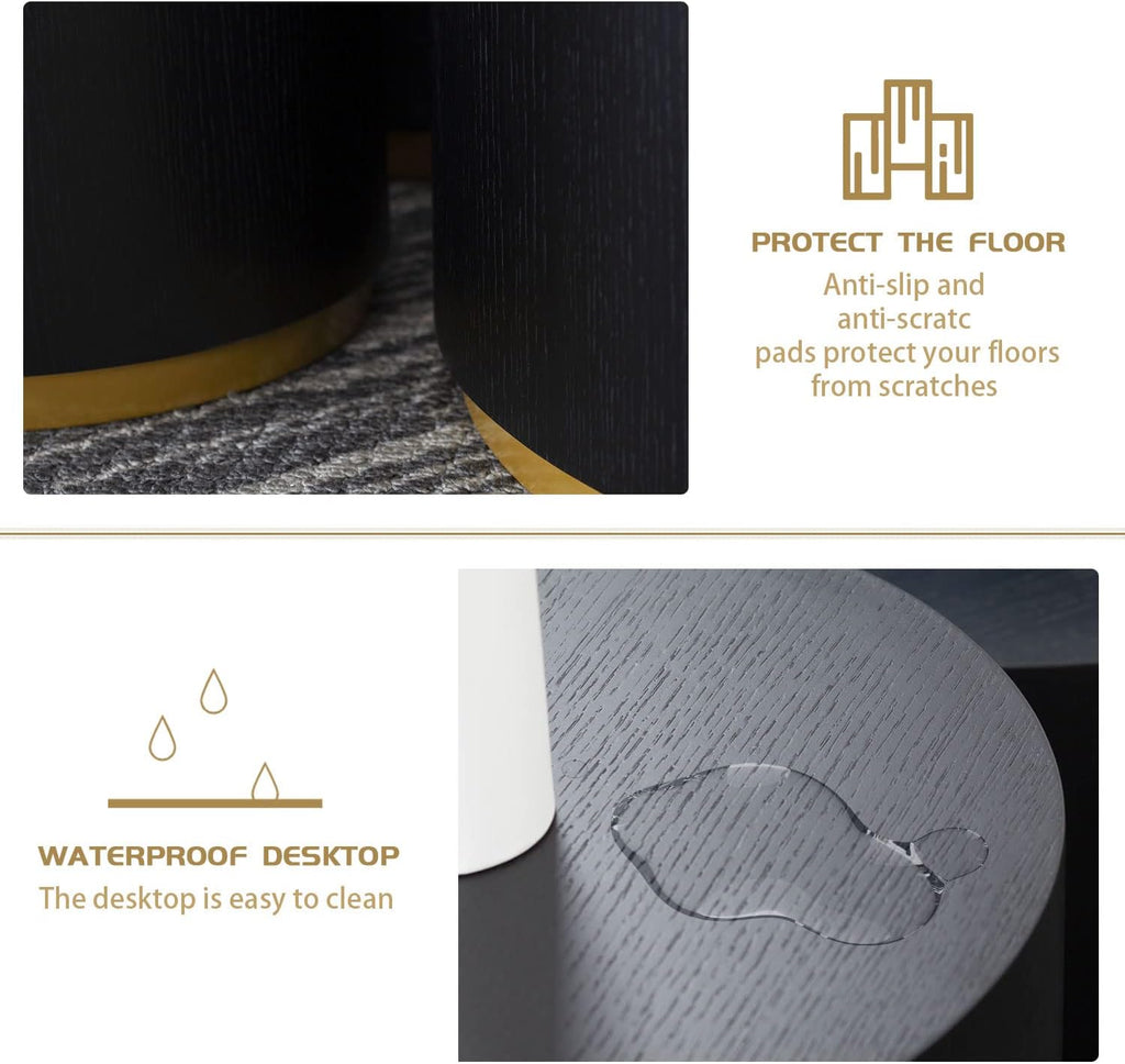 WILLIAMSPACE Black End Table with Gold Rim Bottom, Round Side Table for Small Spaces, Nightstand Sofa Table for Living Room Bedroom, ø15.6' * 19.5'H