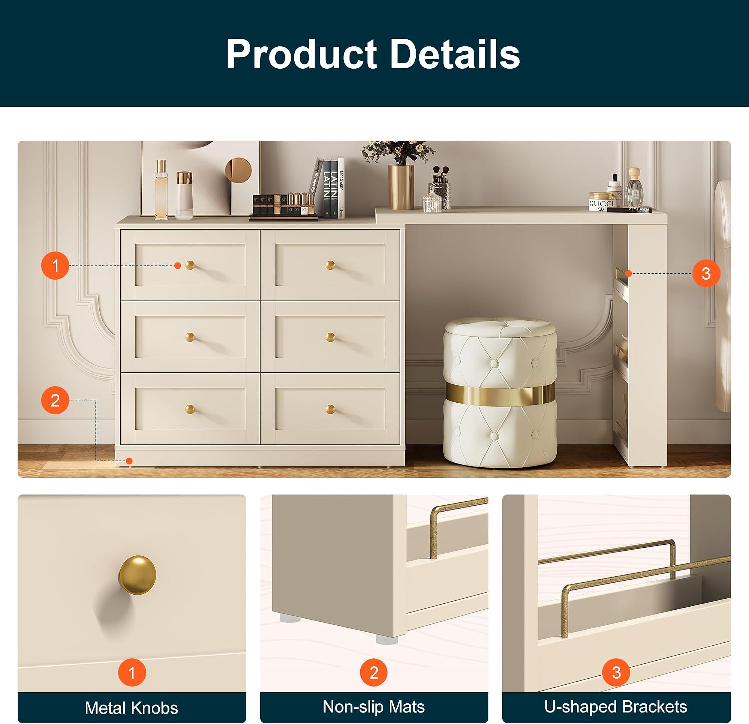 RoyalCraft Extendable Vanity Desk and Dresser Combo, 67' Makeup Vanity Table with Drawers and 3 Side Shelves, Wood Dressing Table for Bedroom, Dressing Room, Beige