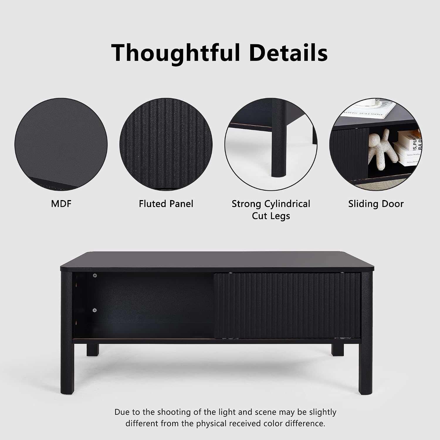 TV Stand and Coffee Table Set, Rectangle Fluted Coffee Table and TV Stand with Storage and Sliding Doors, Living Room Coffee Table and TV Stand Set, Mid Century Modern and Low Small (Black)