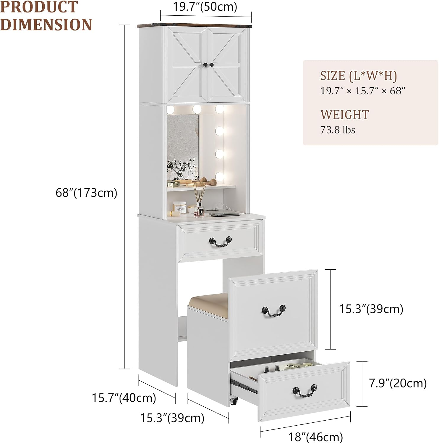 Compact Vanity with Mirror and Lights, Makeup Vanity Desk w/Storage Drawers & Shelves, Farmhouse Vanity Table with Hidden Chair for Bedroom, Dressing Table Gift for Girls Lady